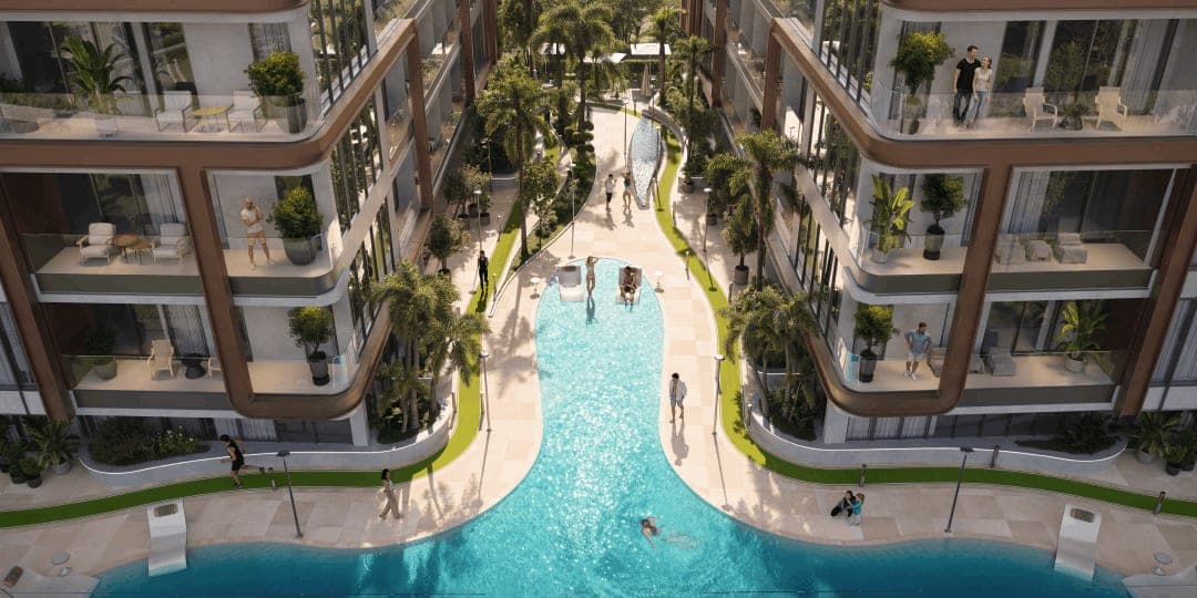 Render of the lagoon pool winding between the Enchanté buildings