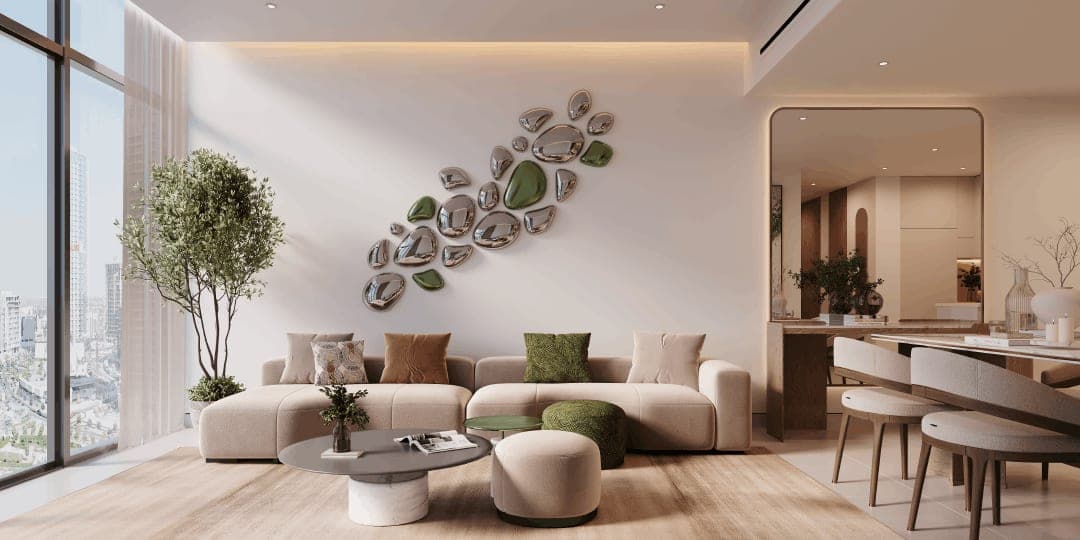 Render of a styled living room in an Enchanté apartment