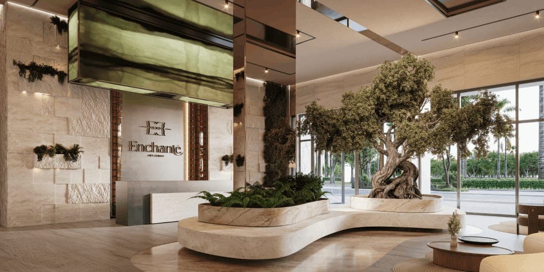 Render of the Enchanté lobby, with a planted centrepiece and the project name on the wall