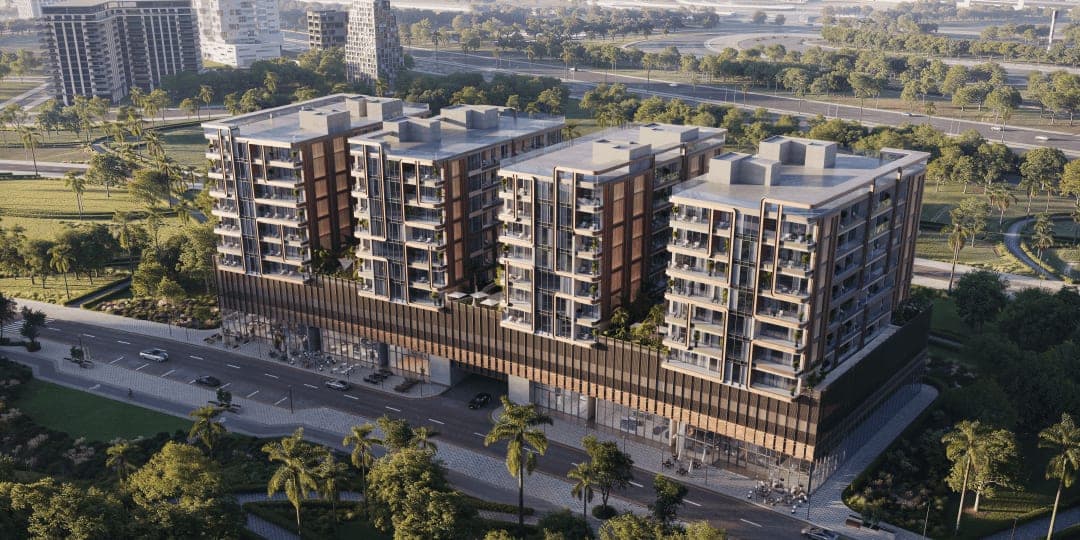 Render of Enchanté by GRID from above, its blocks along the street with ground-floor retail