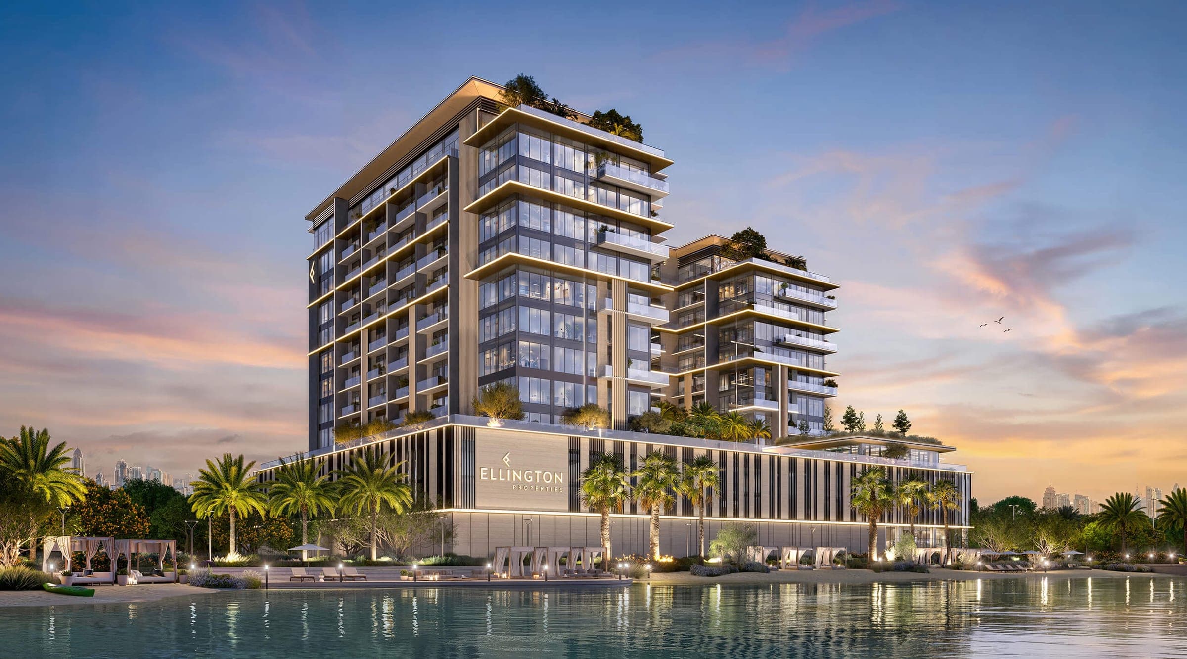 Render of Everly Place by Ellington Properties from the water, showing the stepped terraces