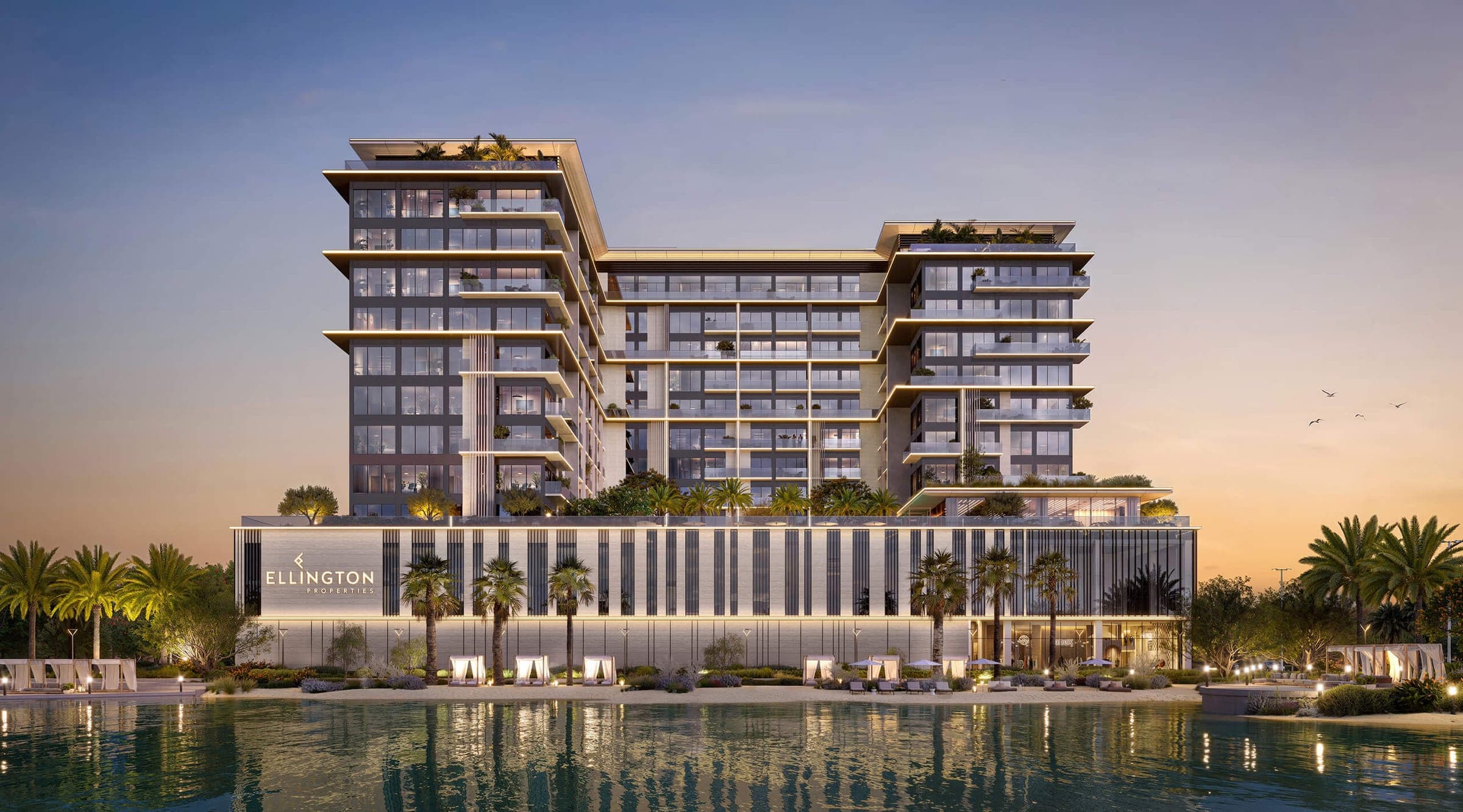 Render of Everly Place by Ellington Properties at dusk, seen across the lagoon