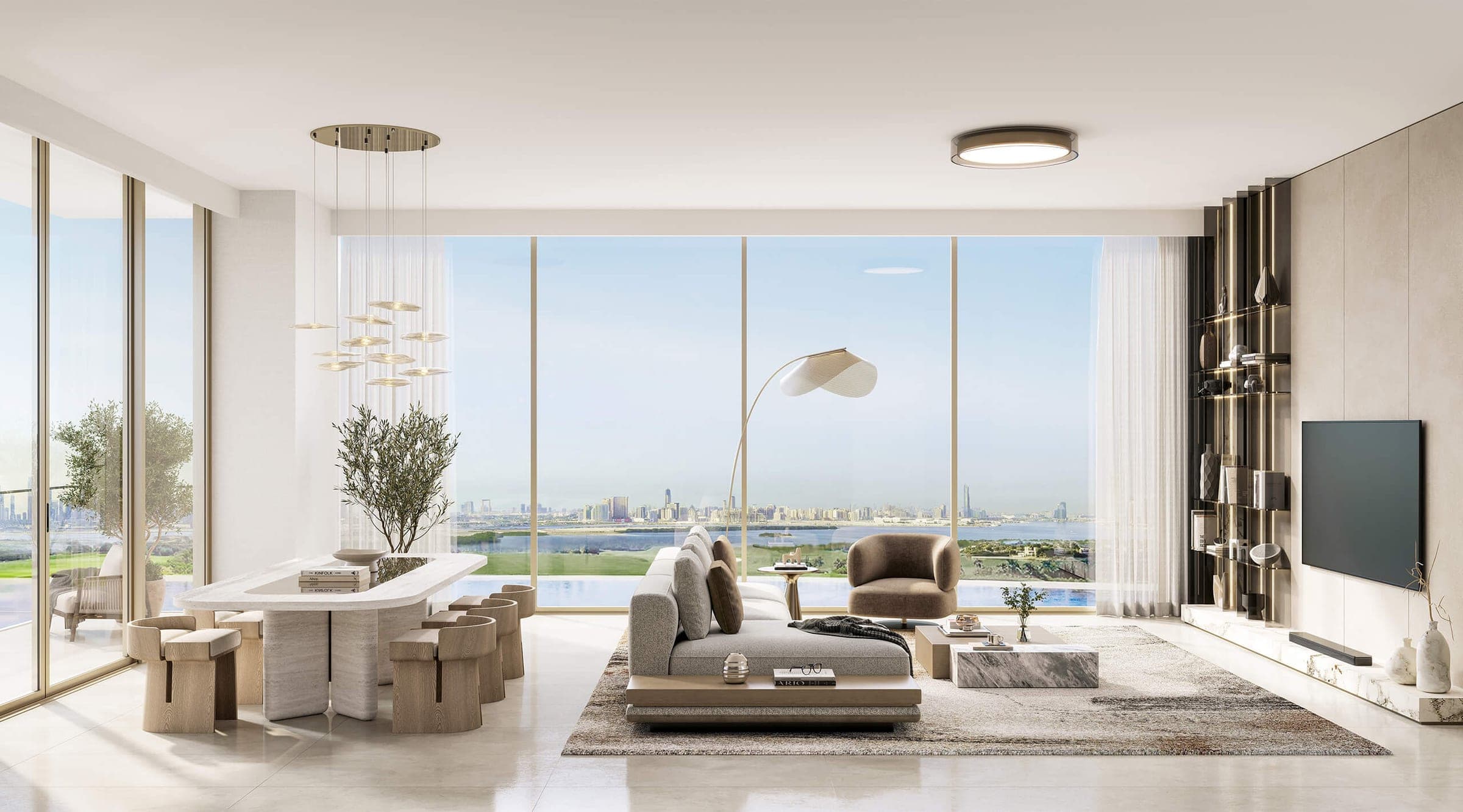 Render of a furnished living and dining room in an apartment at Everly Place