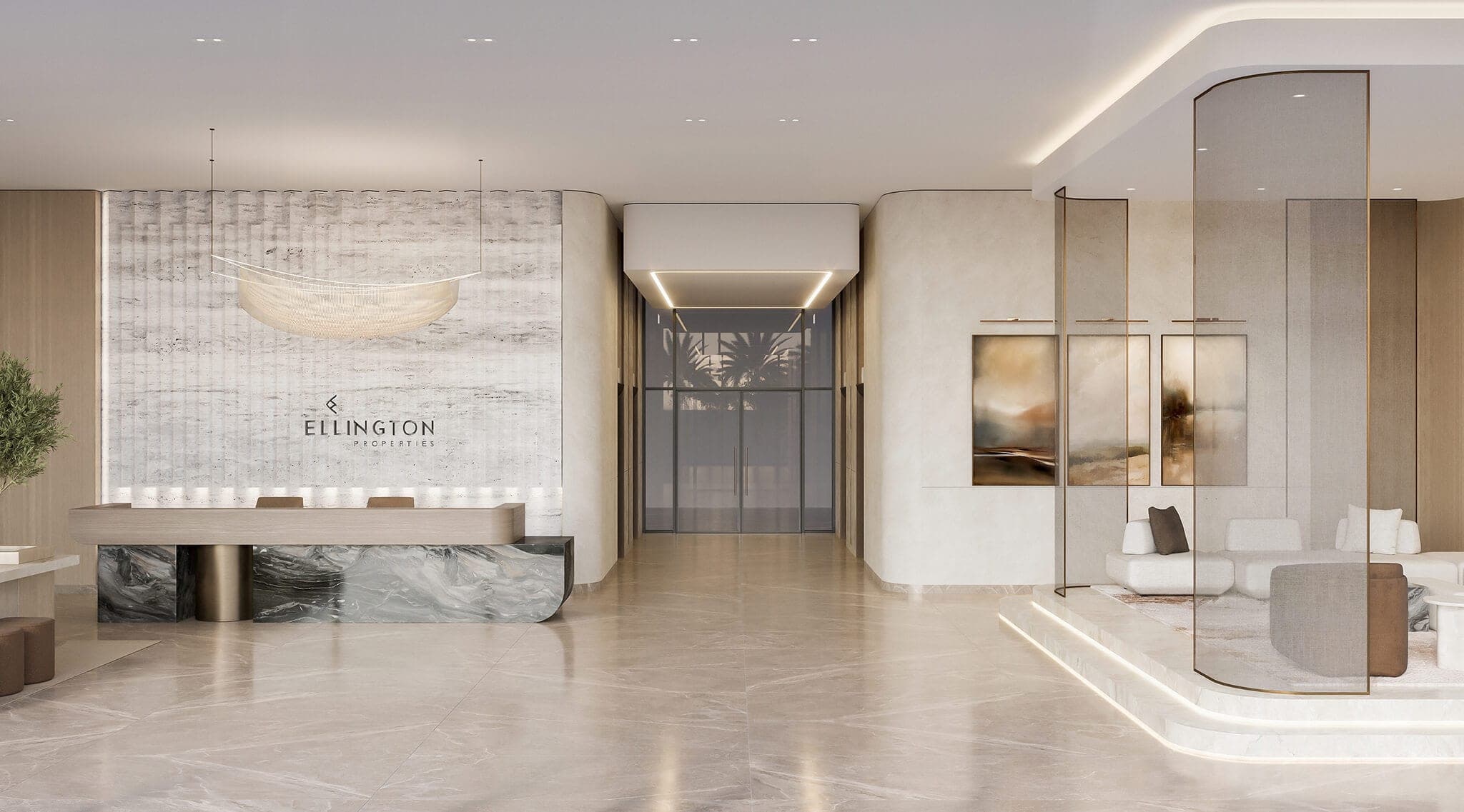 Render of the lobby at Everly Place by Ellington Properties