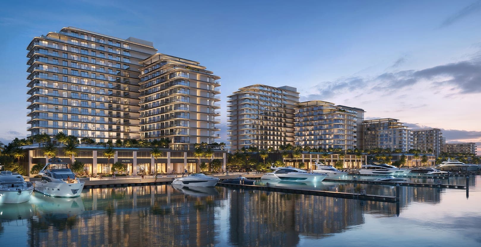 Render of Fior 1 at Rashid Yachts & Marina, the low-rise apartment buildings seen across the marina berths