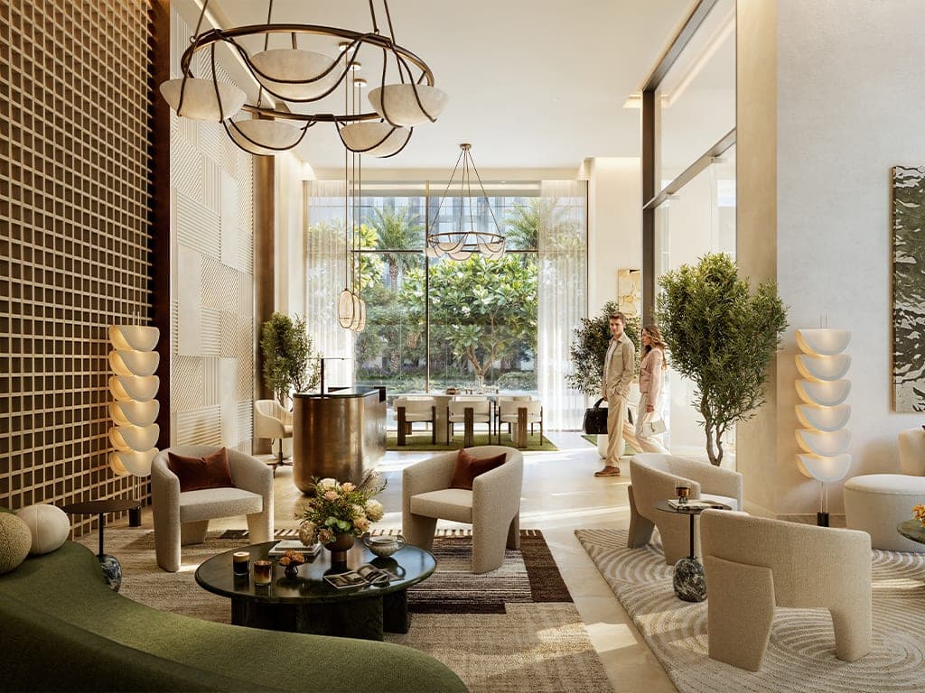 Render of a furnished lounge interior at Fior 1 at Rashid Yachts & Marina
