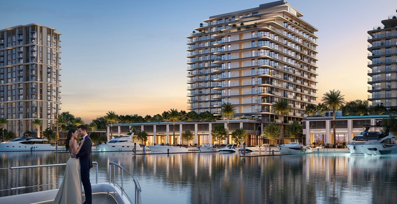 Render of Fior 1 at Rashid Yachts & Marina at dusk, looking across the water to the lit buildings and moored yachts
