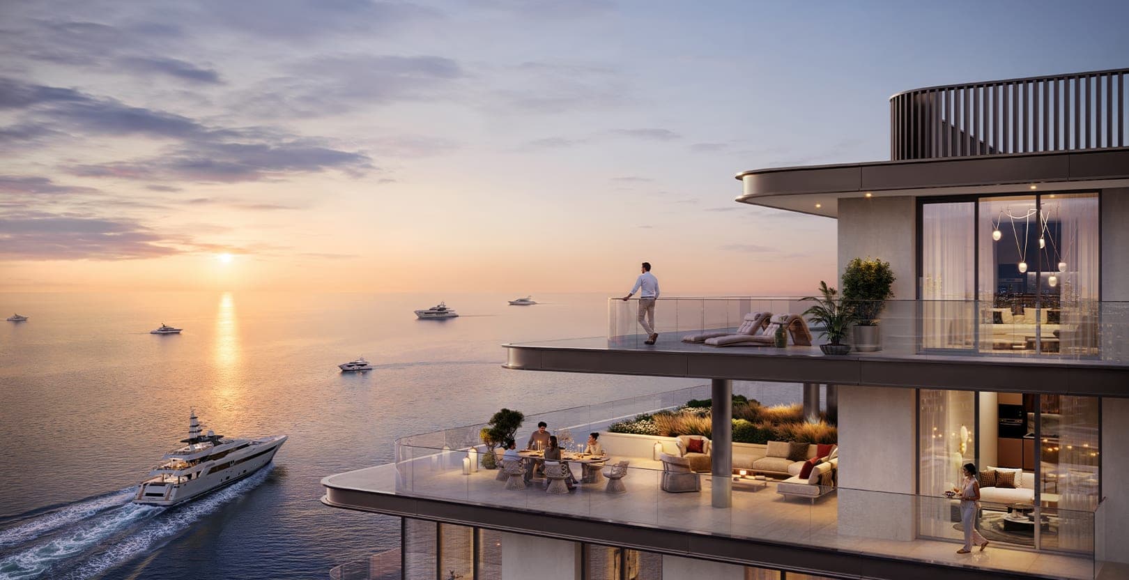 Render of a terrace at Fior 1 at Rashid Yachts & Marina, looking out over the sea at sunset