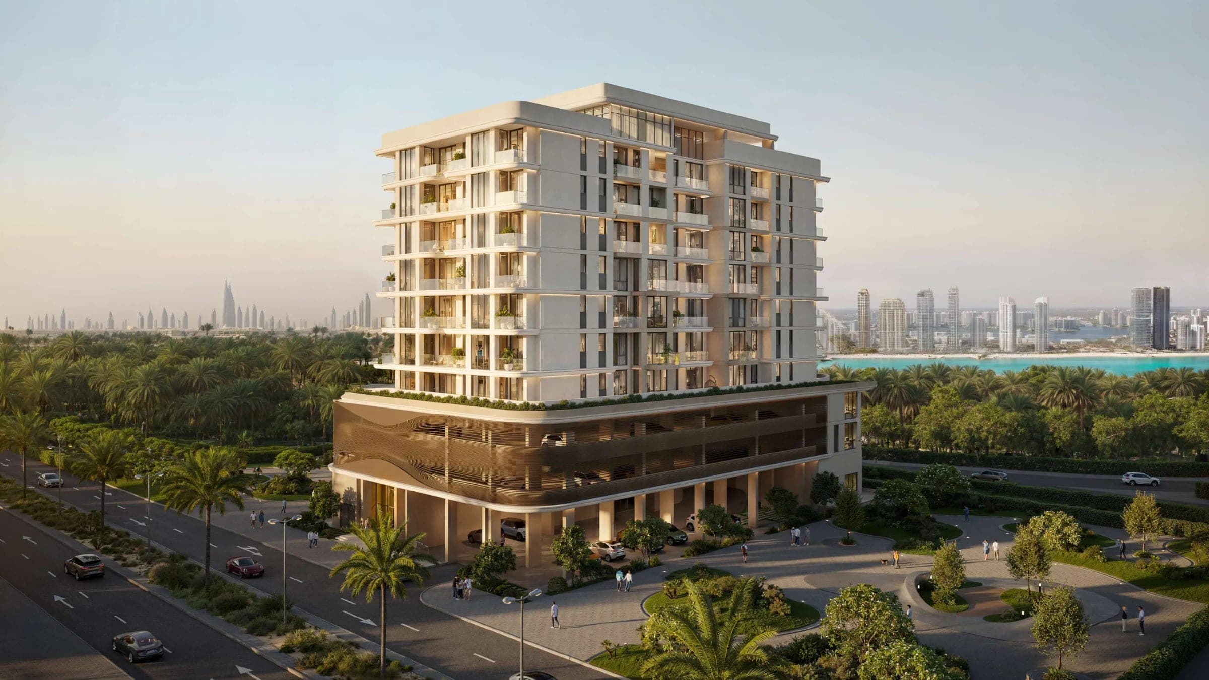 Render of FLU1D ONE on Dubai Islands in evening light, seen from a road junction with palm groves, open water and a line of towers behind