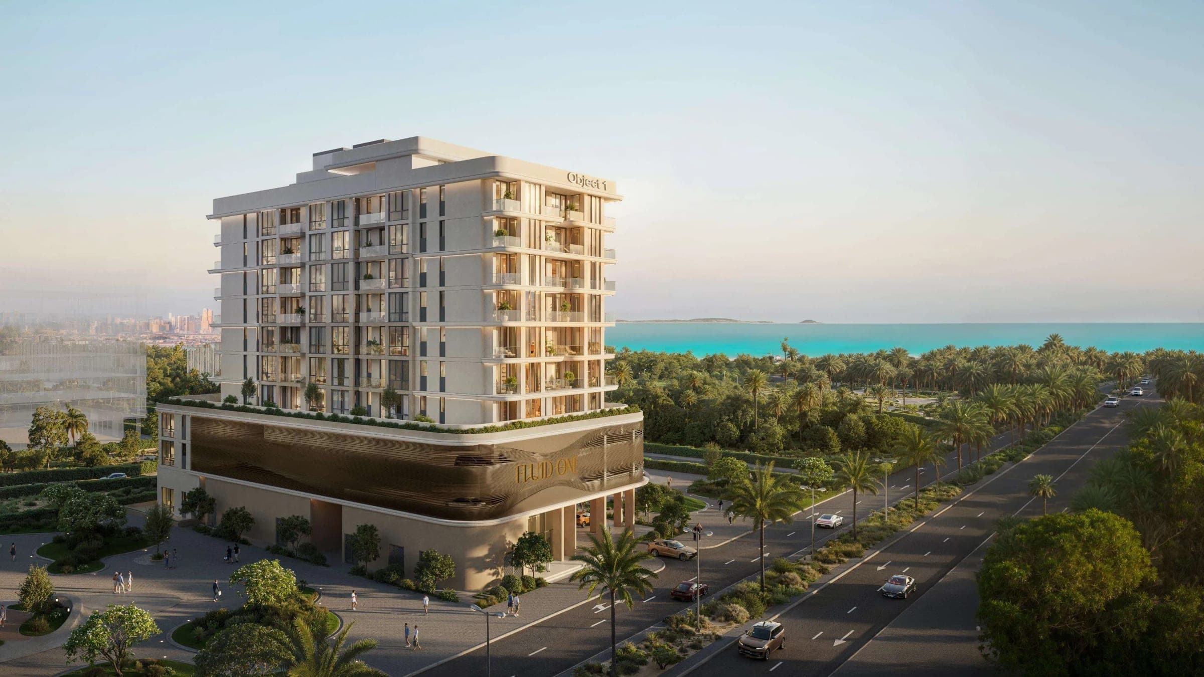 Render of FLU1D ONE by Object 1 on Dubai Islands, the residential block above a curved bronze-screened podium beside a palm-lined road with the sea beyond