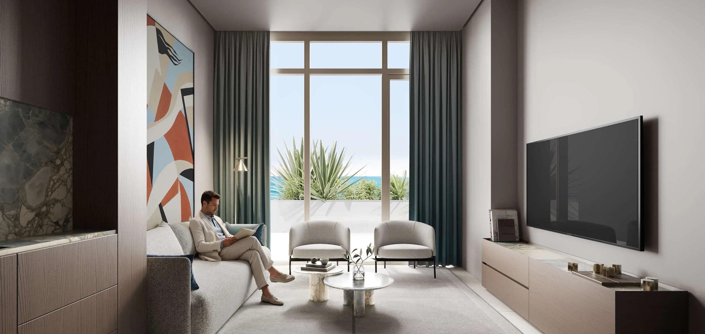 Render of a furnished living room at FLU1D ONE, with a sofa, two armchairs and planting on the terrace beyond the window
