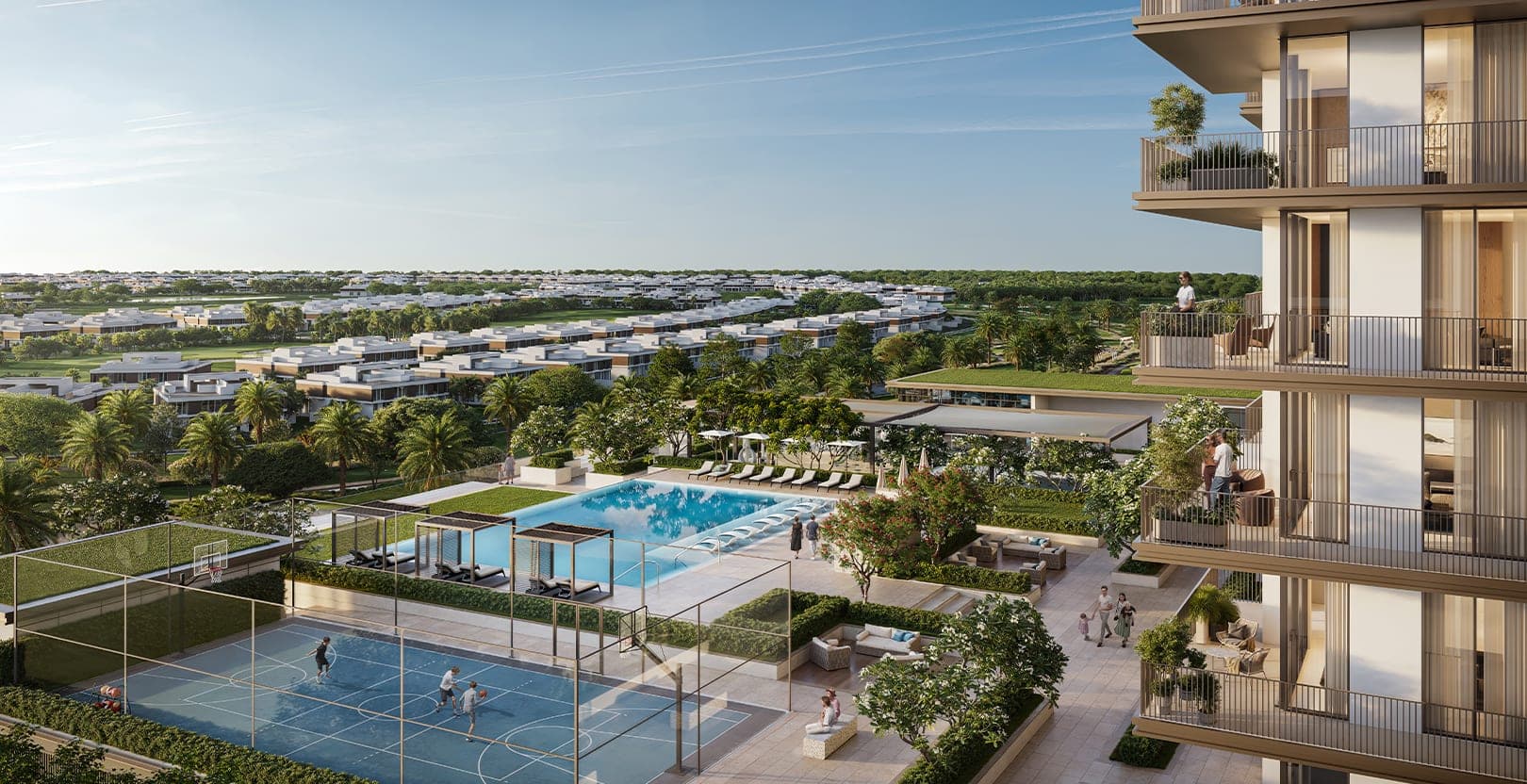 Render of the podium pool deck and sports court at Greencrest, with Dubai Hills Estate villas and golf course beyond