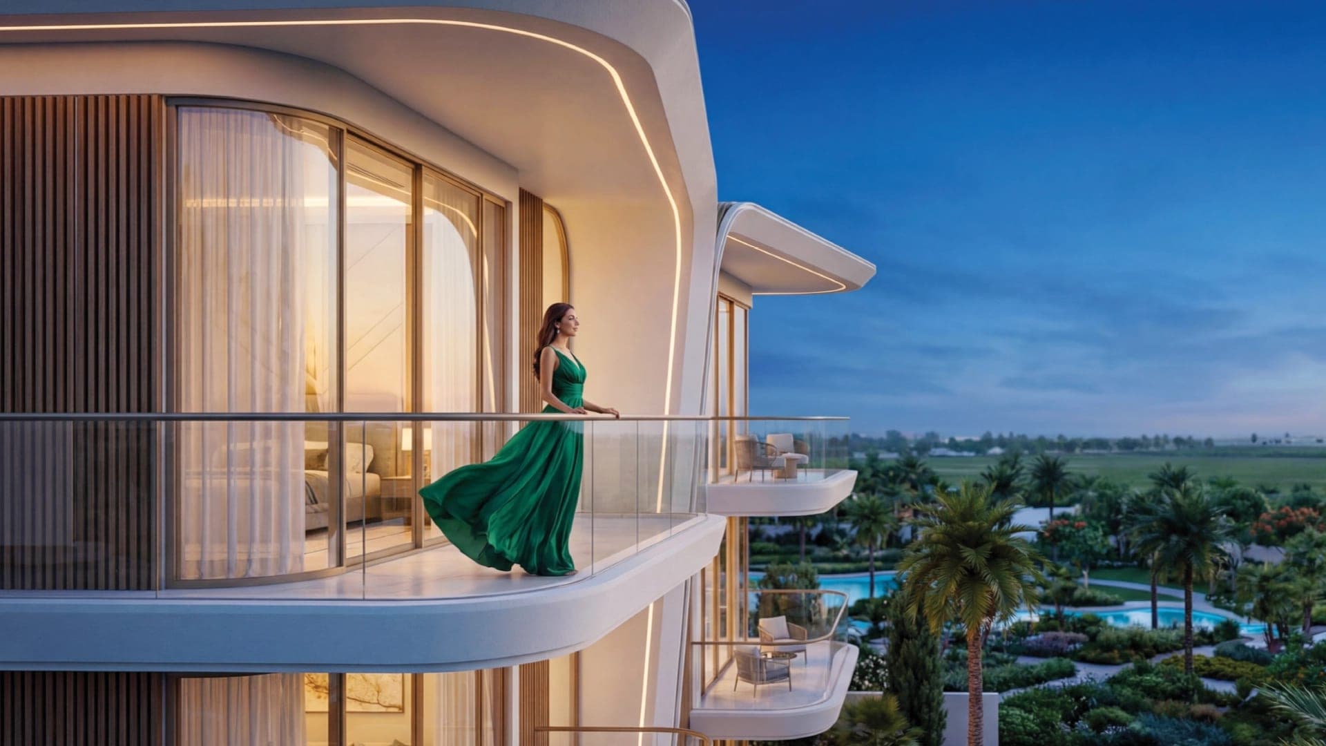 Render of a woman in a green dress on the curved glass balcony of a Greenz by Danube home at dusk, looking over palms, lawns and pools