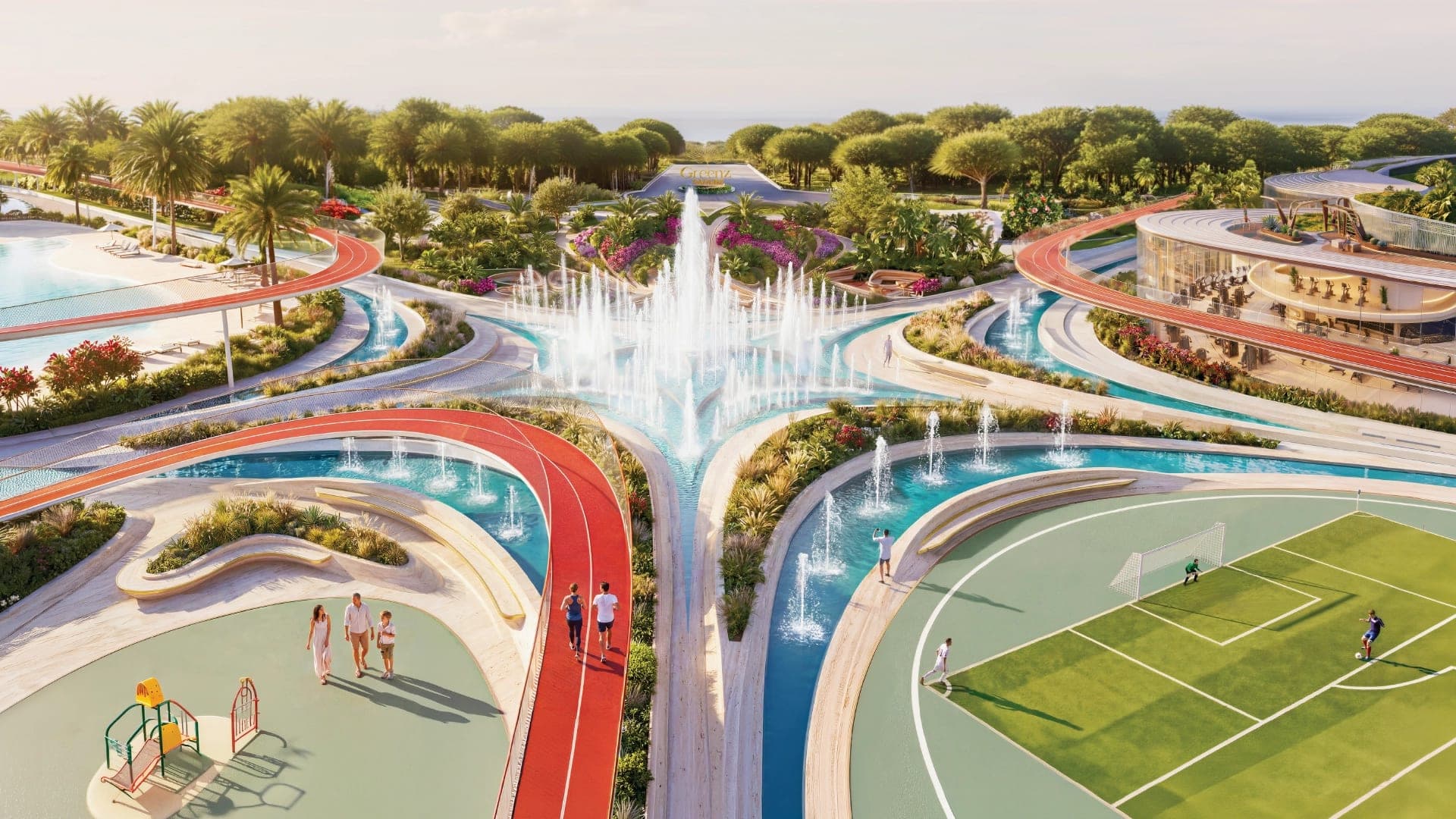 Render of the central fountain at Greenz by Danube, with water channels, a raised red running track, a football pitch and a children's play area