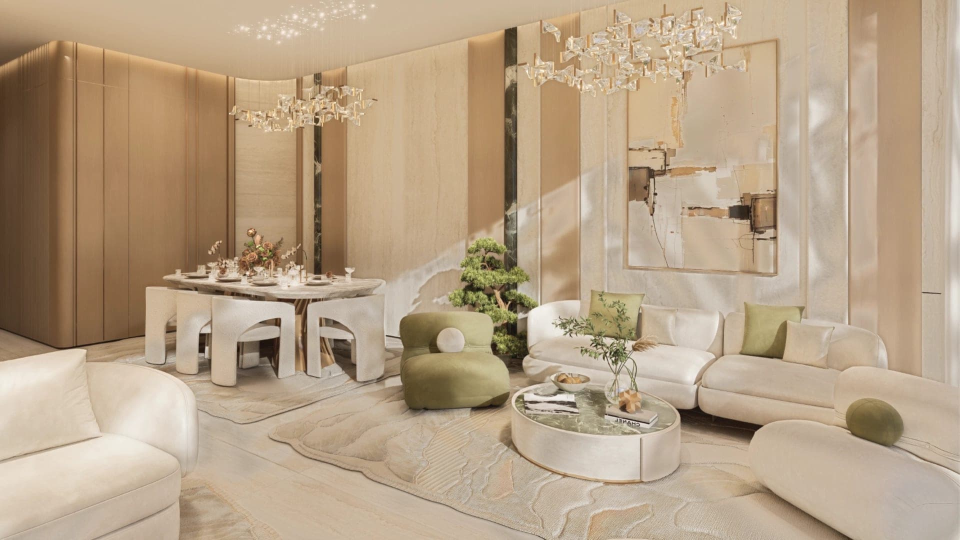Render of a living and dining area in a Greenz by Danube home, with curved cream sofas, a stone-topped dining table and crystal pendant lights