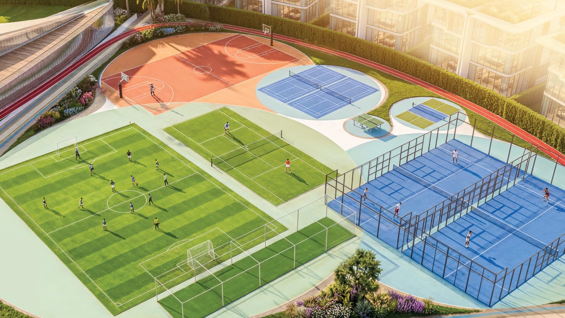 Render of the sports courts at Greenz by Danube from above: football pitches, a grass tennis court, glass-walled padel courts, a basketball court and badminton courts, edged by a red running track