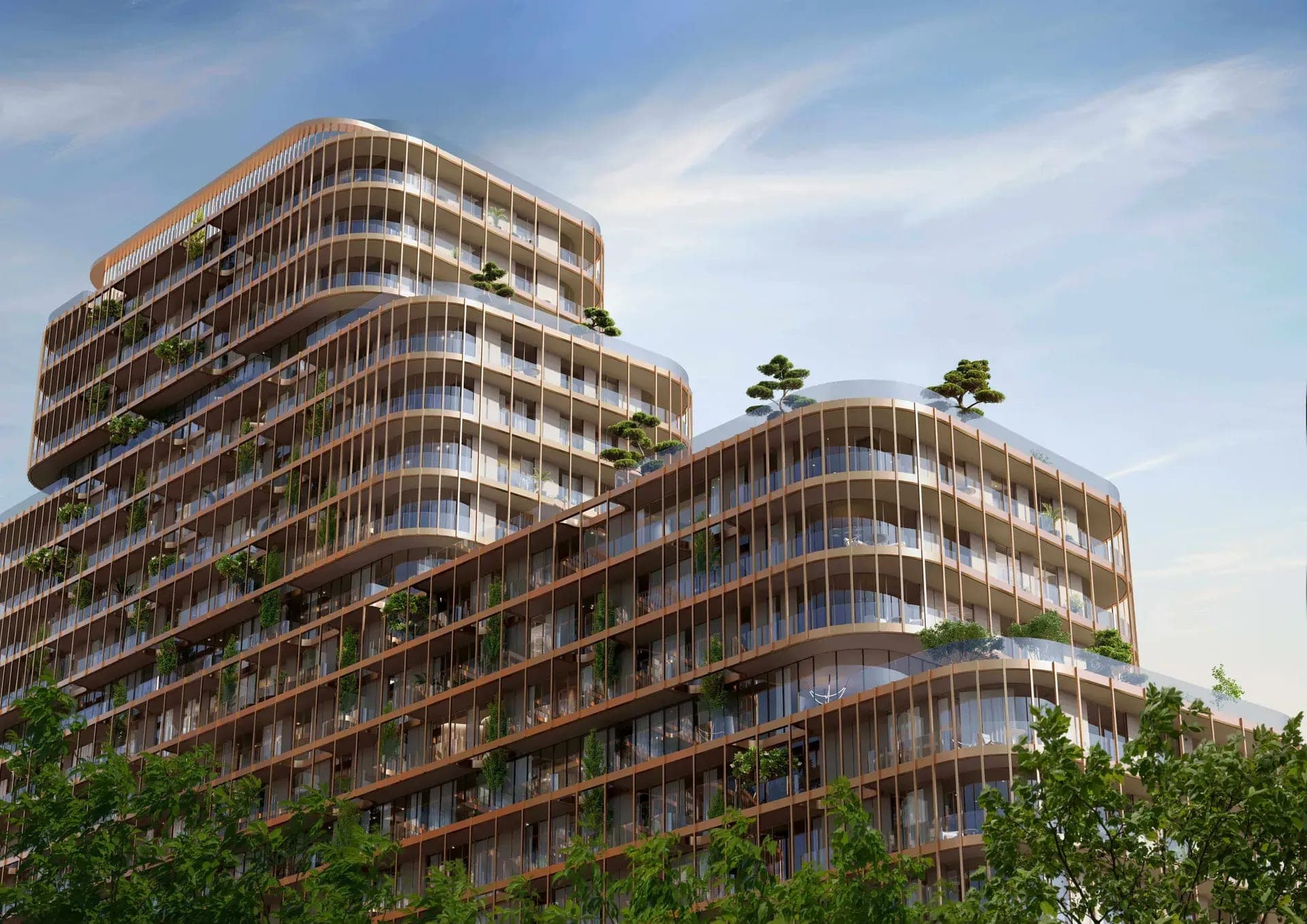 Render of a HADO tower by Beyond, its rounded, stepped floors wrapped in slim vertical fins and roof planting