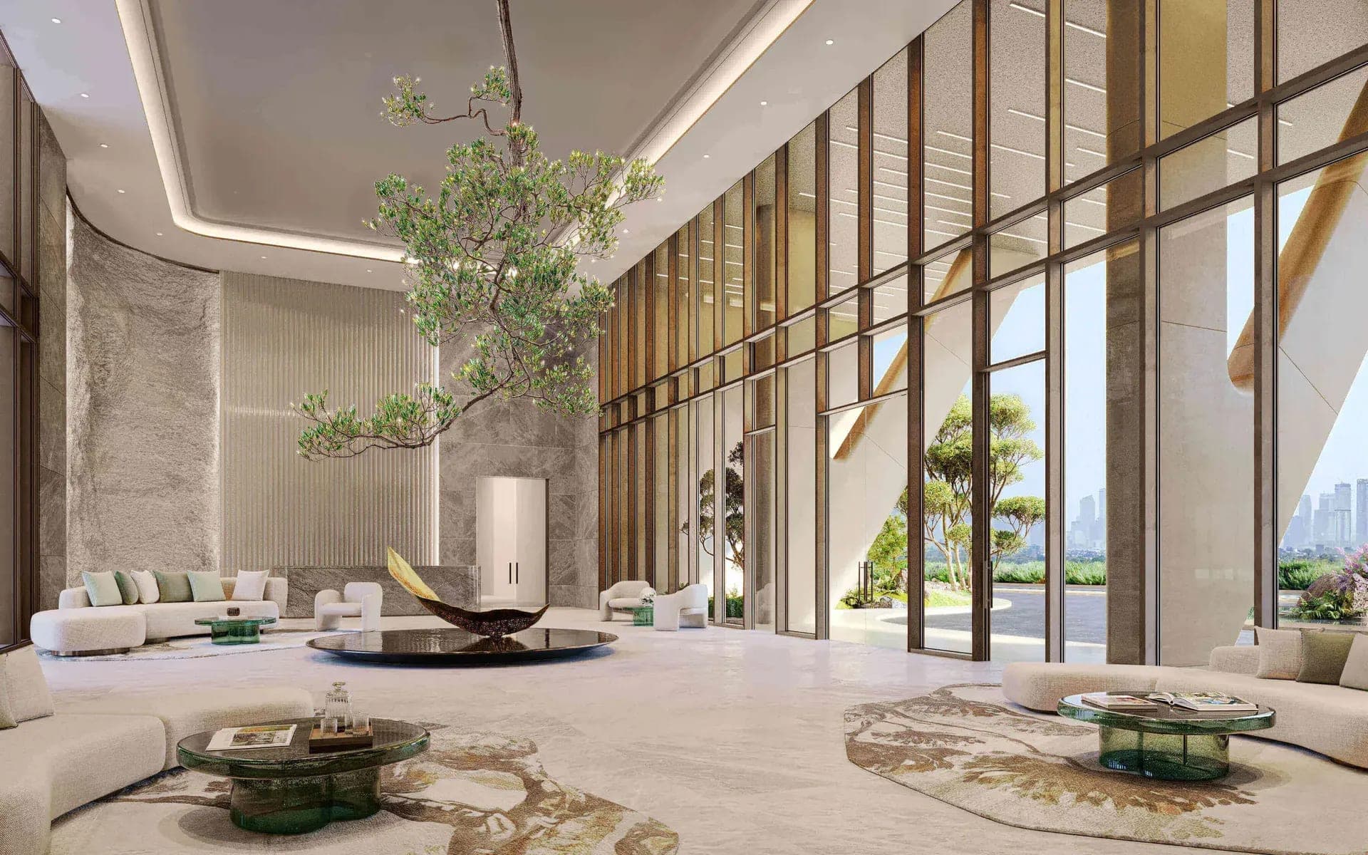 Render of the double-height lobby at HADO by Beyond, with curved sofas, stone walls and a suspended tree installation