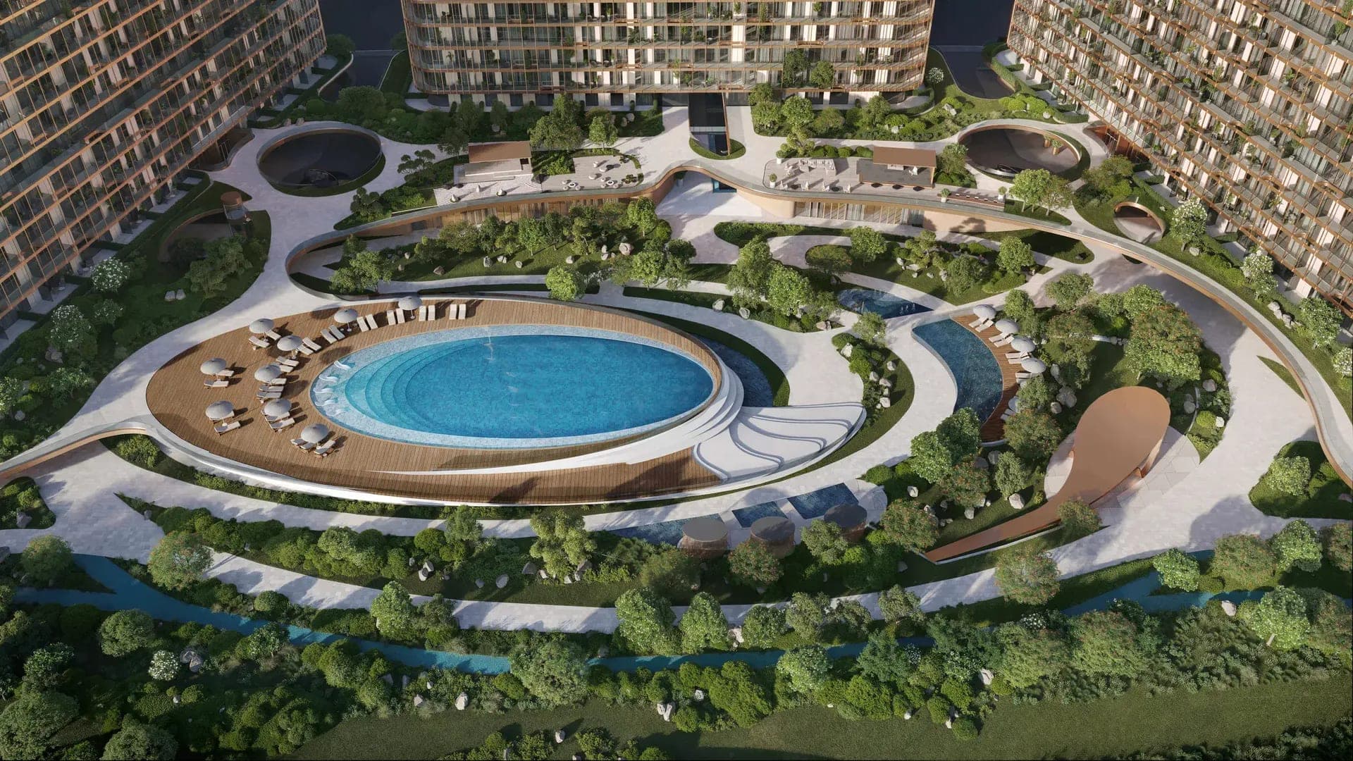 Render of the HADO podium from above, an oval pool deck within landscaped gardens between the towers