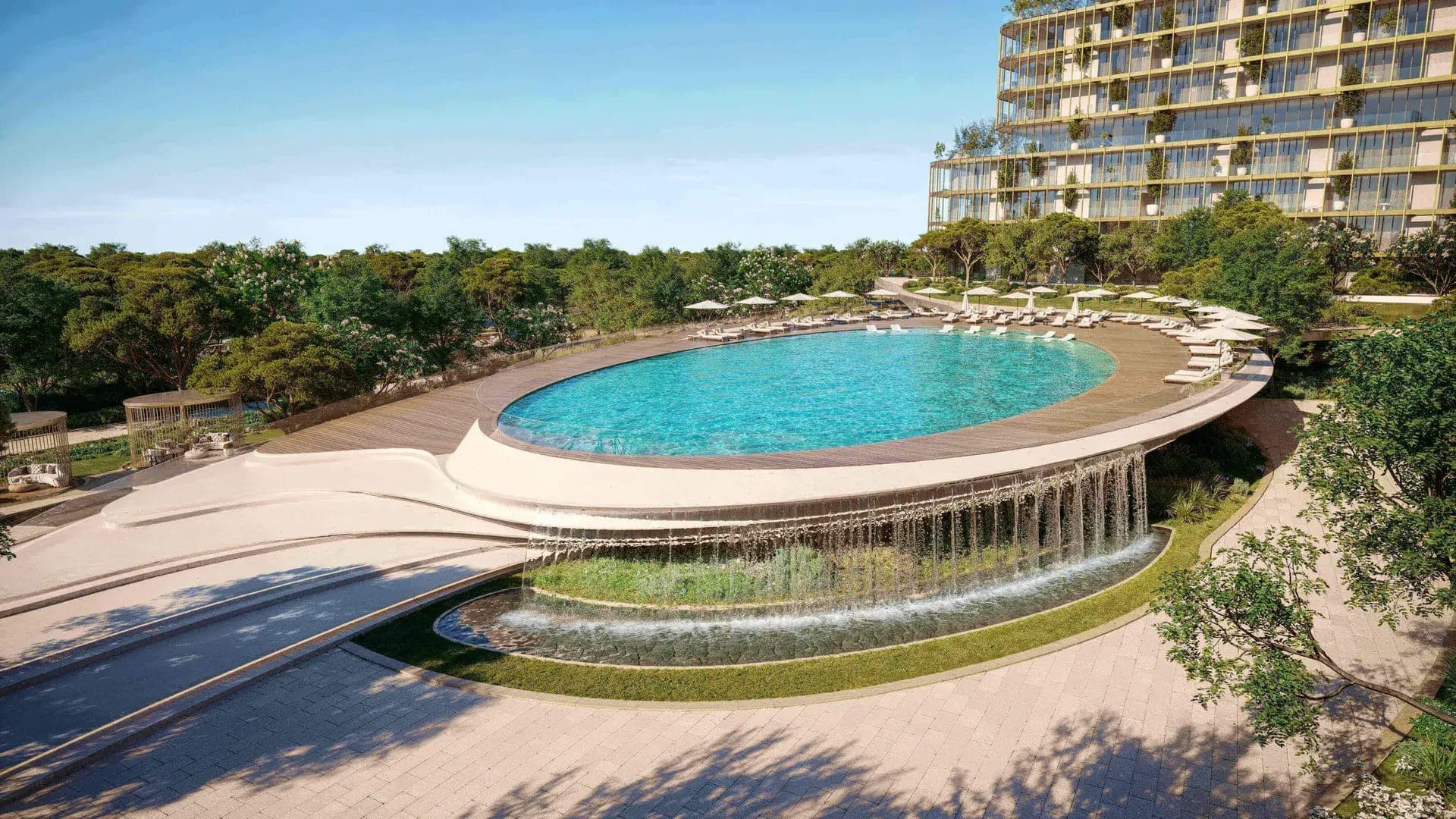 Render of the raised oval pool at HADO by Beyond, with a curtain of water falling from its edge into a planted basin