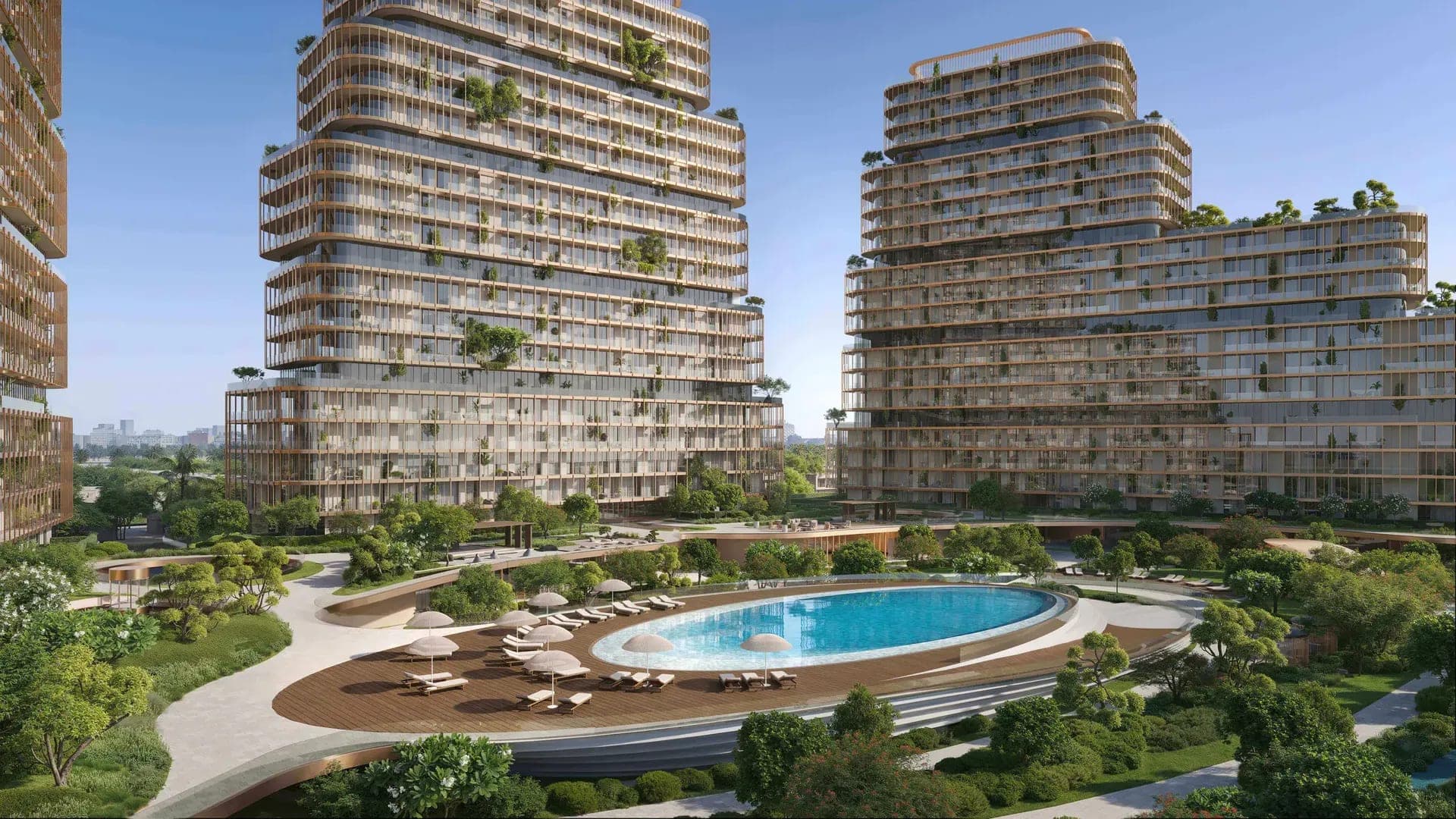 Render of HADO by Beyond at Dubai Islands, terraced towers with planted balconies around an oval podium pool