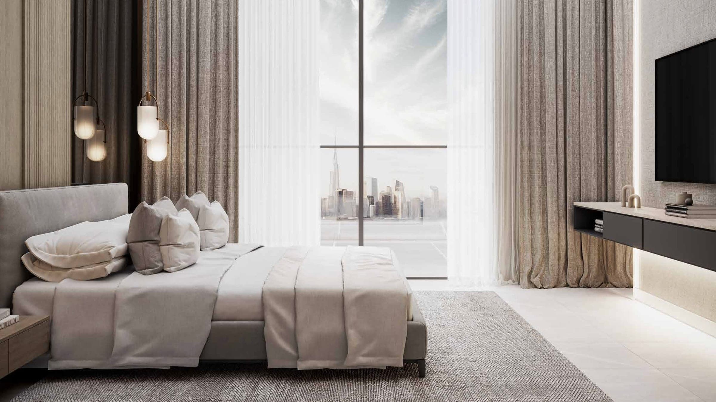 Render of a bedroom at Havelock Heights in Jumeirah Village Circle, a low upholstered bed facing full-height windows with a hazy skyline outside