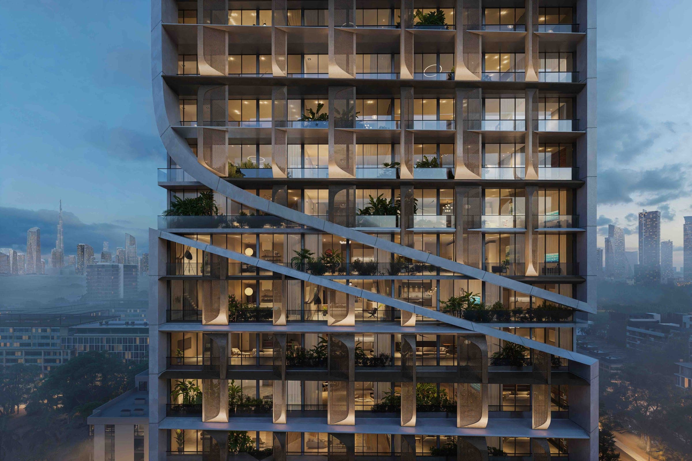 Render of the facade of Havelock Heights in Jumeirah Village Circle at dusk, lit planted balconies crossed by a sweeping diagonal band