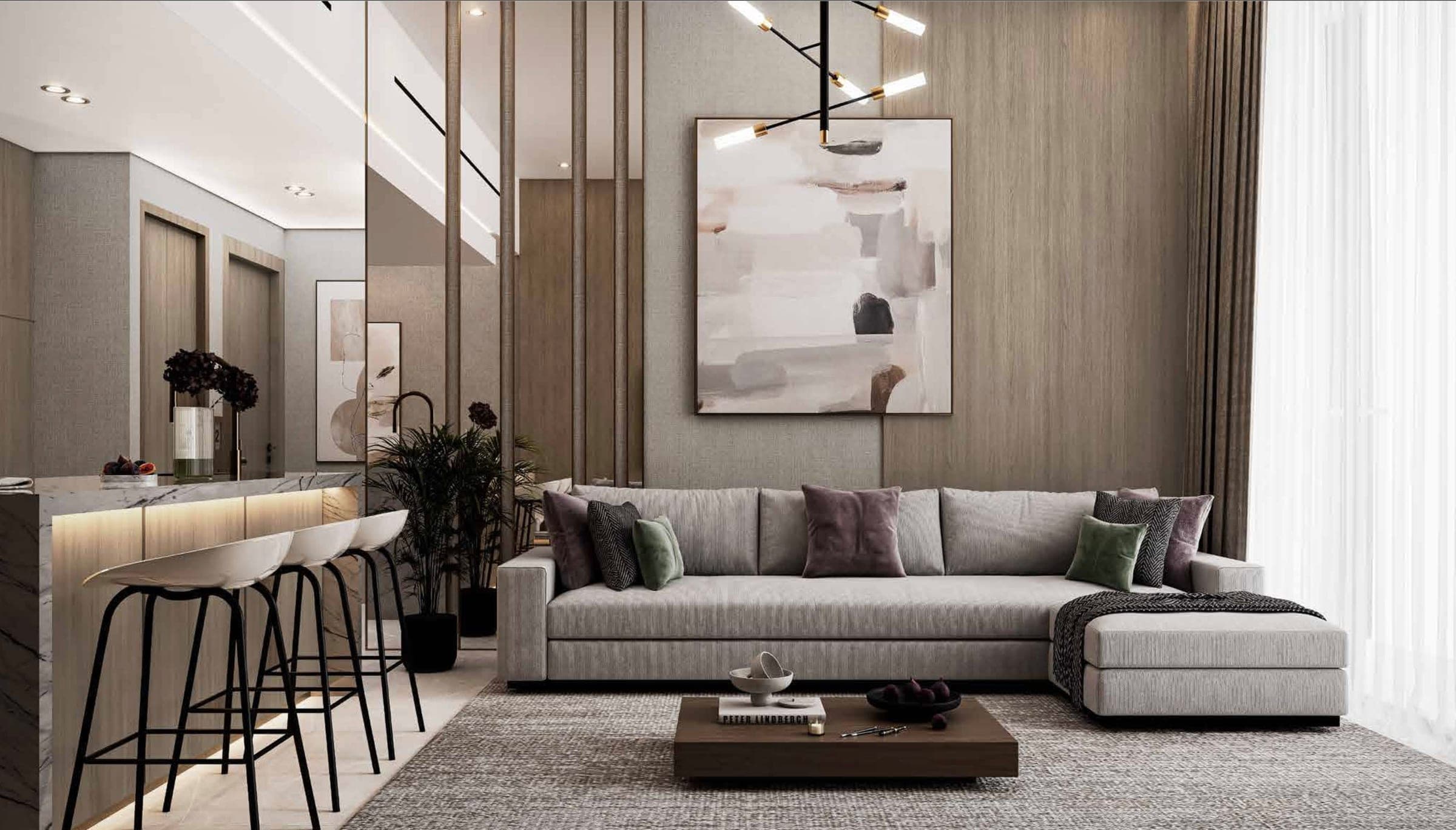 Render of an apartment living room at Havelock Heights in Jumeirah Village Circle, a grey sectional sofa beside a breakfast bar and wood-panelled walls