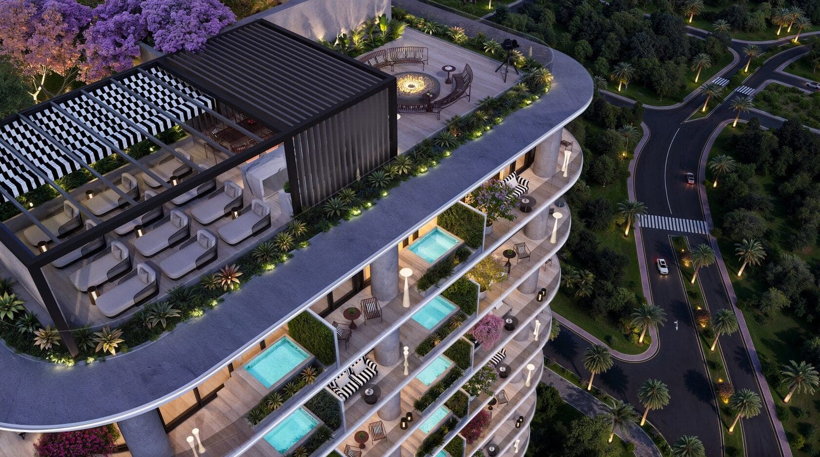 Render of Interstellar Tower from the air, showing the terraced roof and pool decks