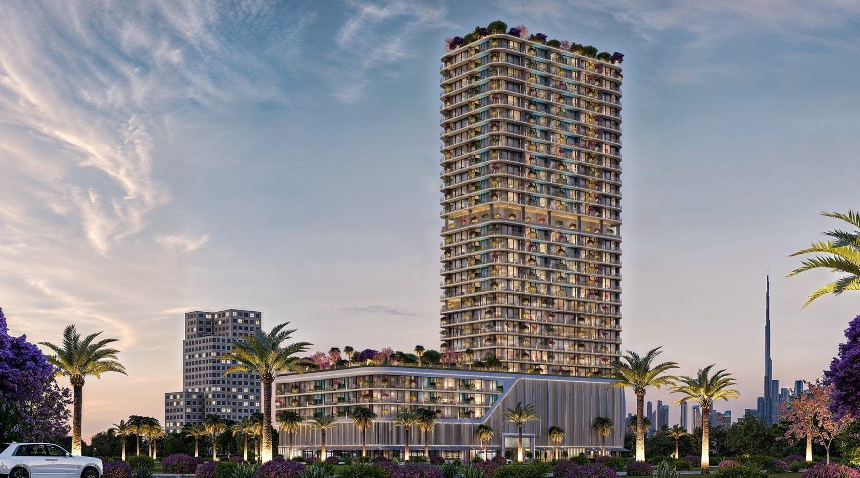 Render of Interstellar Tower by Mr. Eight Development, the planted tower seen against the Dubai skyline