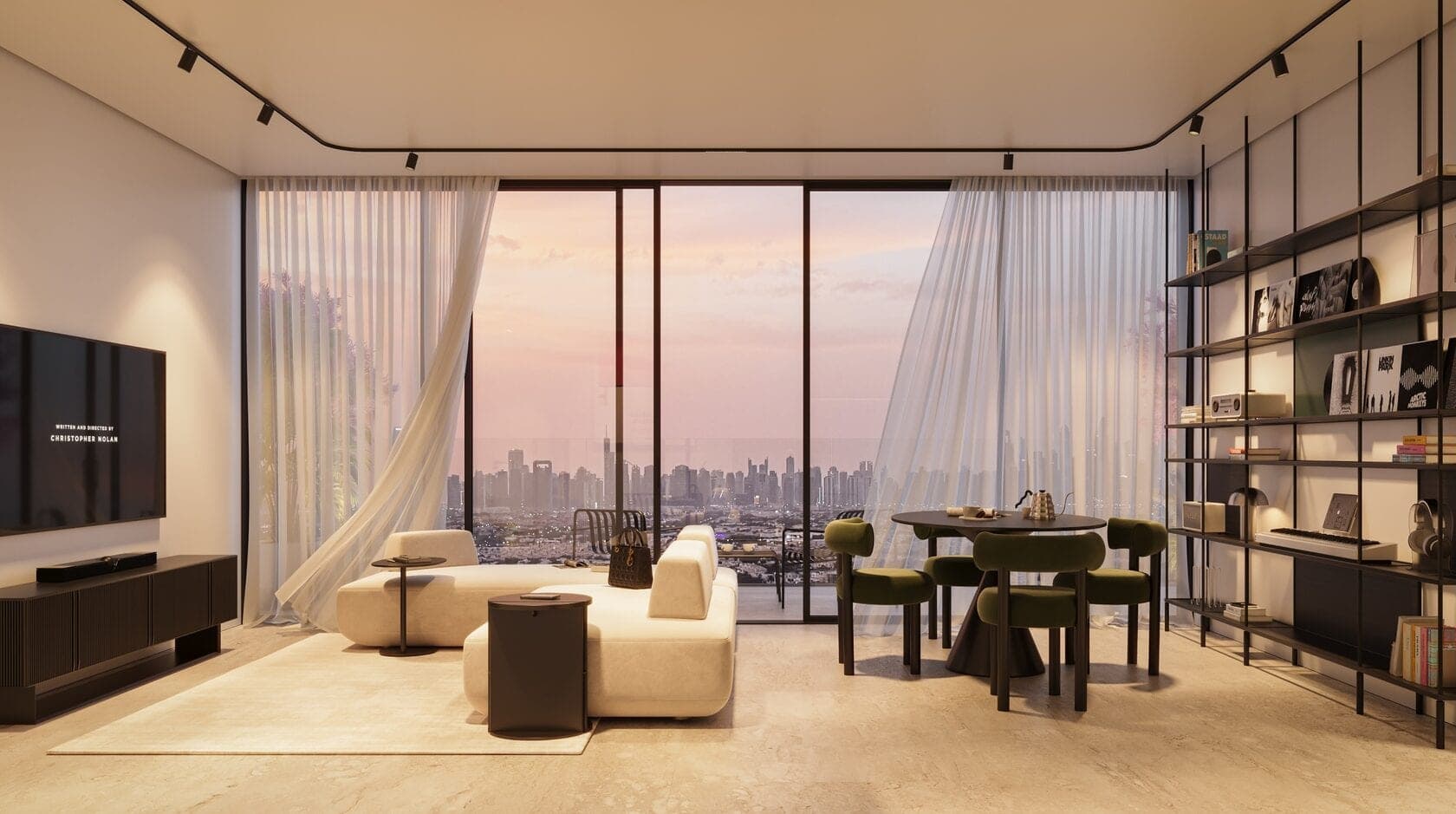 Render of a furnished living room in an apartment at Interstellar Tower