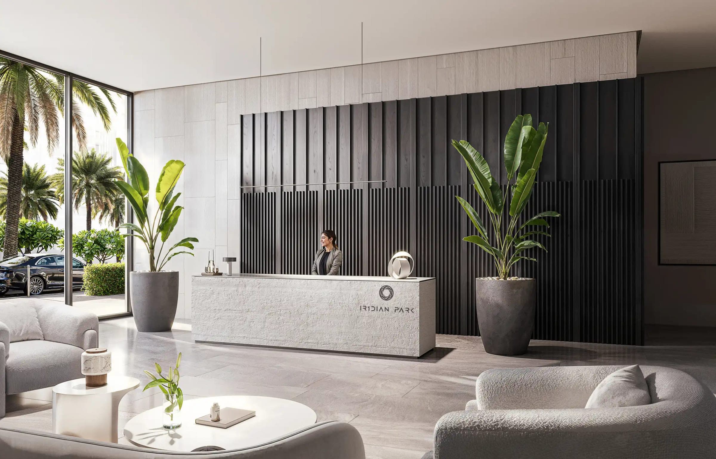 Render of the reception lobby at IR1DIAN Park, with a stone desk bearing the building's name in front of a dark timber-slatted wall