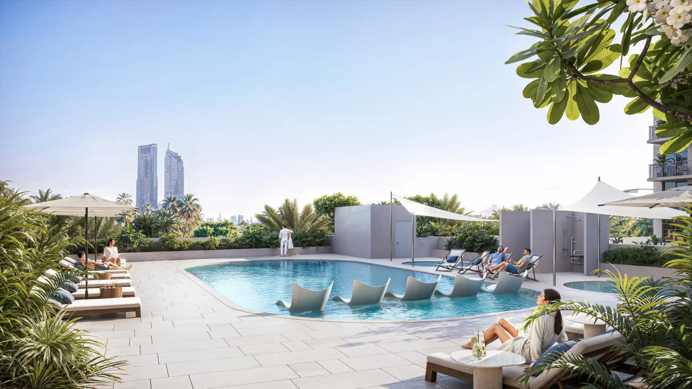 Render of the pool deck at IR1DIAN Park, with in-water loungers, parasols and planting, and two towers on the skyline beyond
