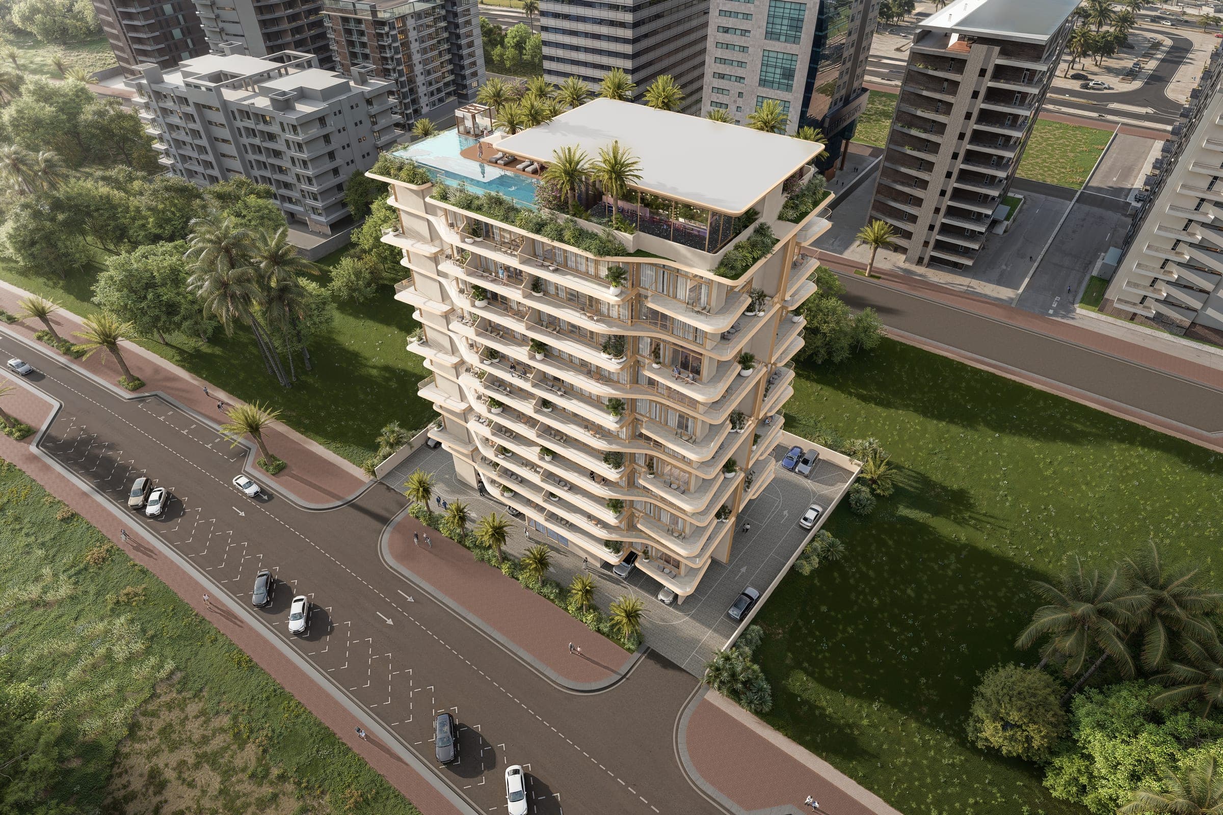 Render of the landscaped courtyard between the Izel buildings, with planting and shaded walkways
