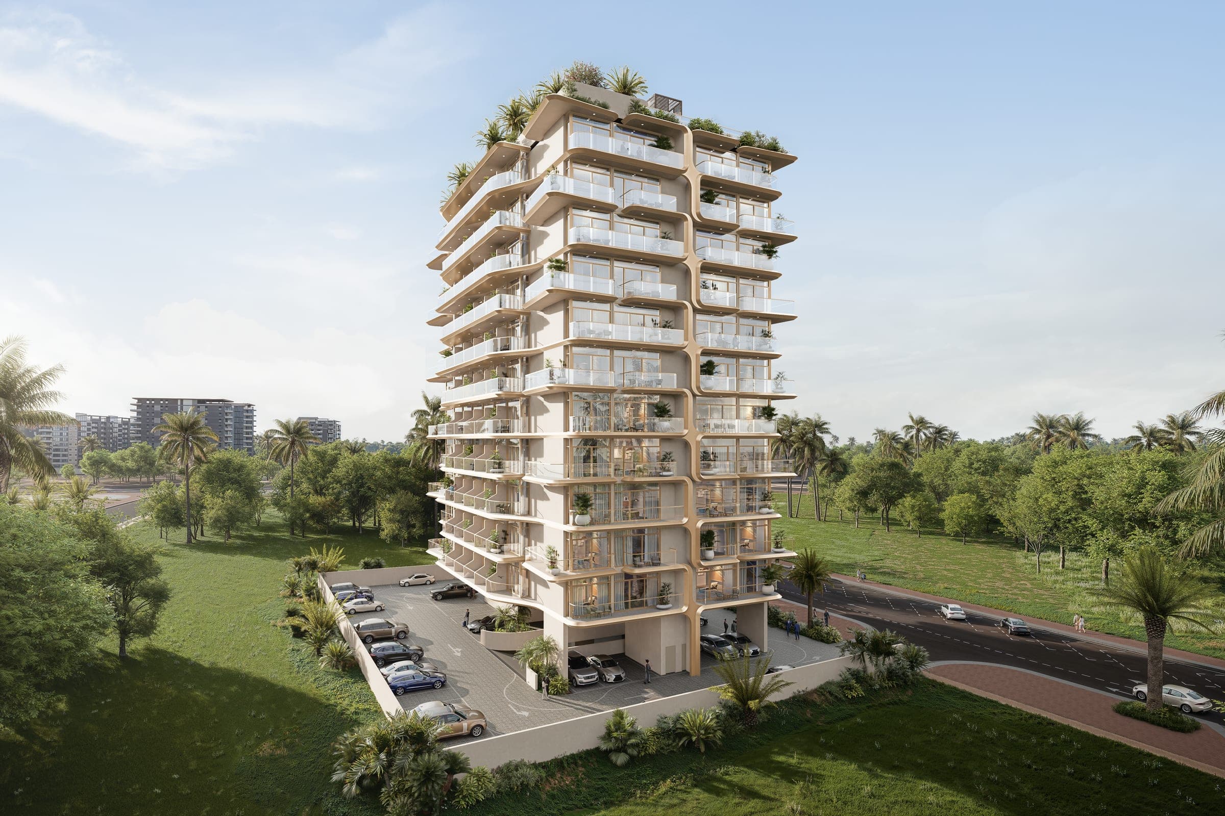 Render of Izel by Zoya, a Mediterranean-styled mid-rise in DubaiLand Residence Complex, seen from the street at golden hour