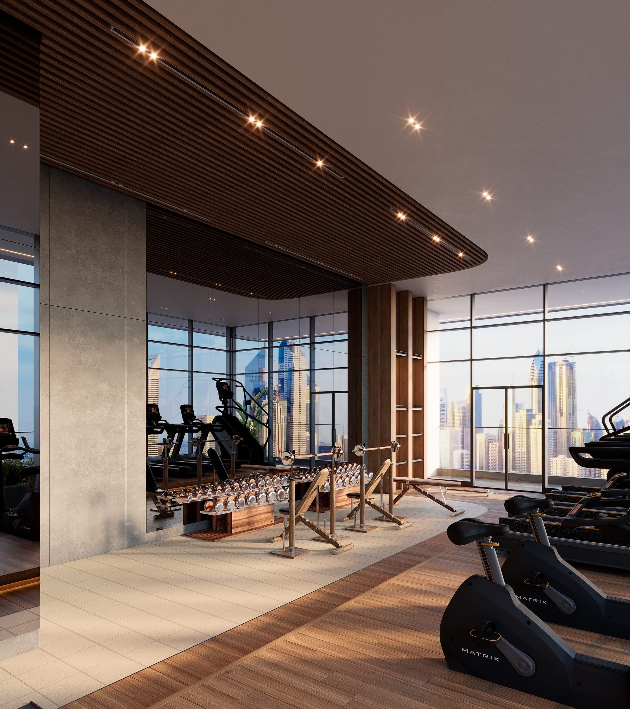 Render of the Izel gym, glazed to the landscaping outside