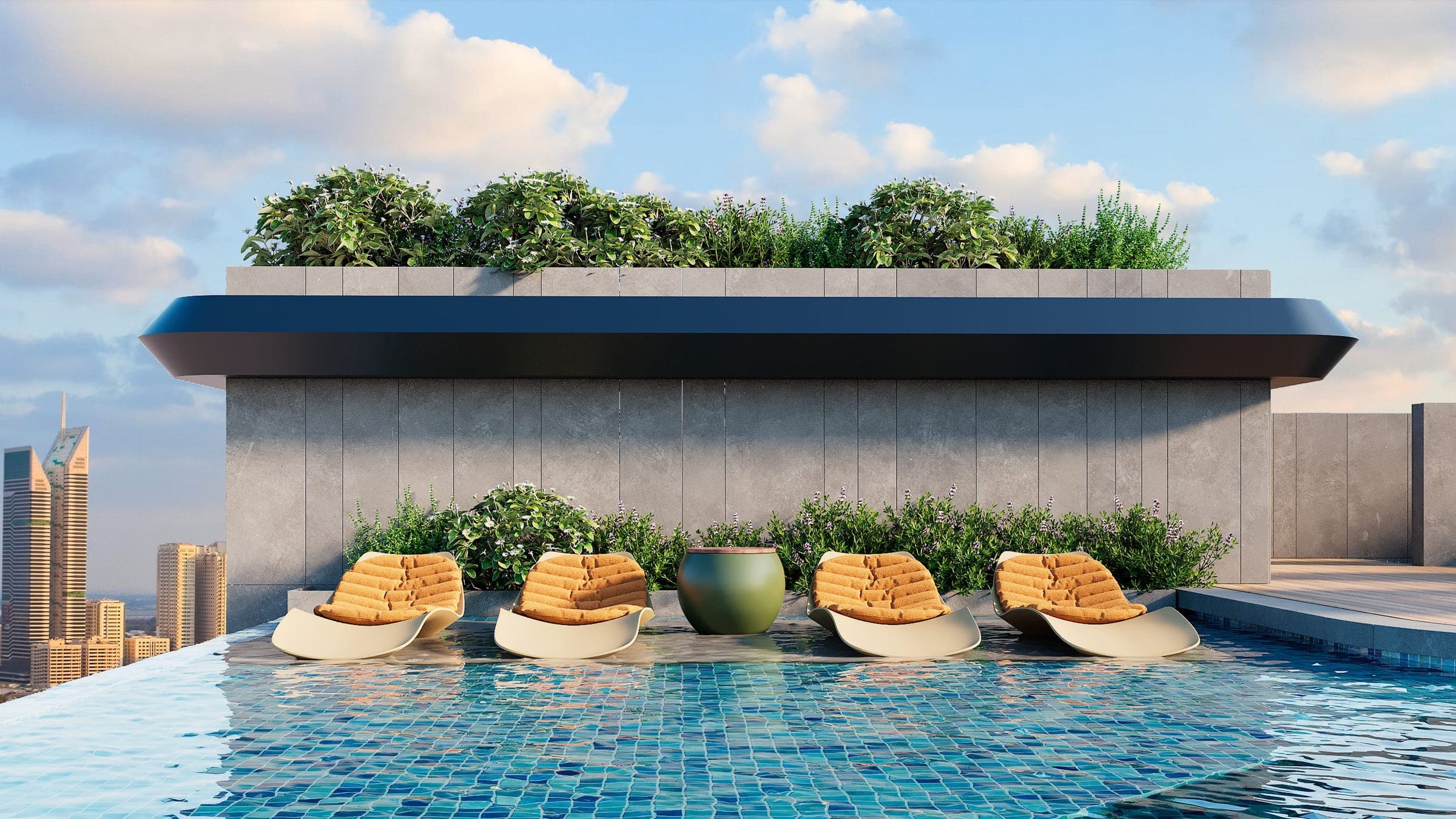 Render of the Izel pool deck with cabanas and sun beds