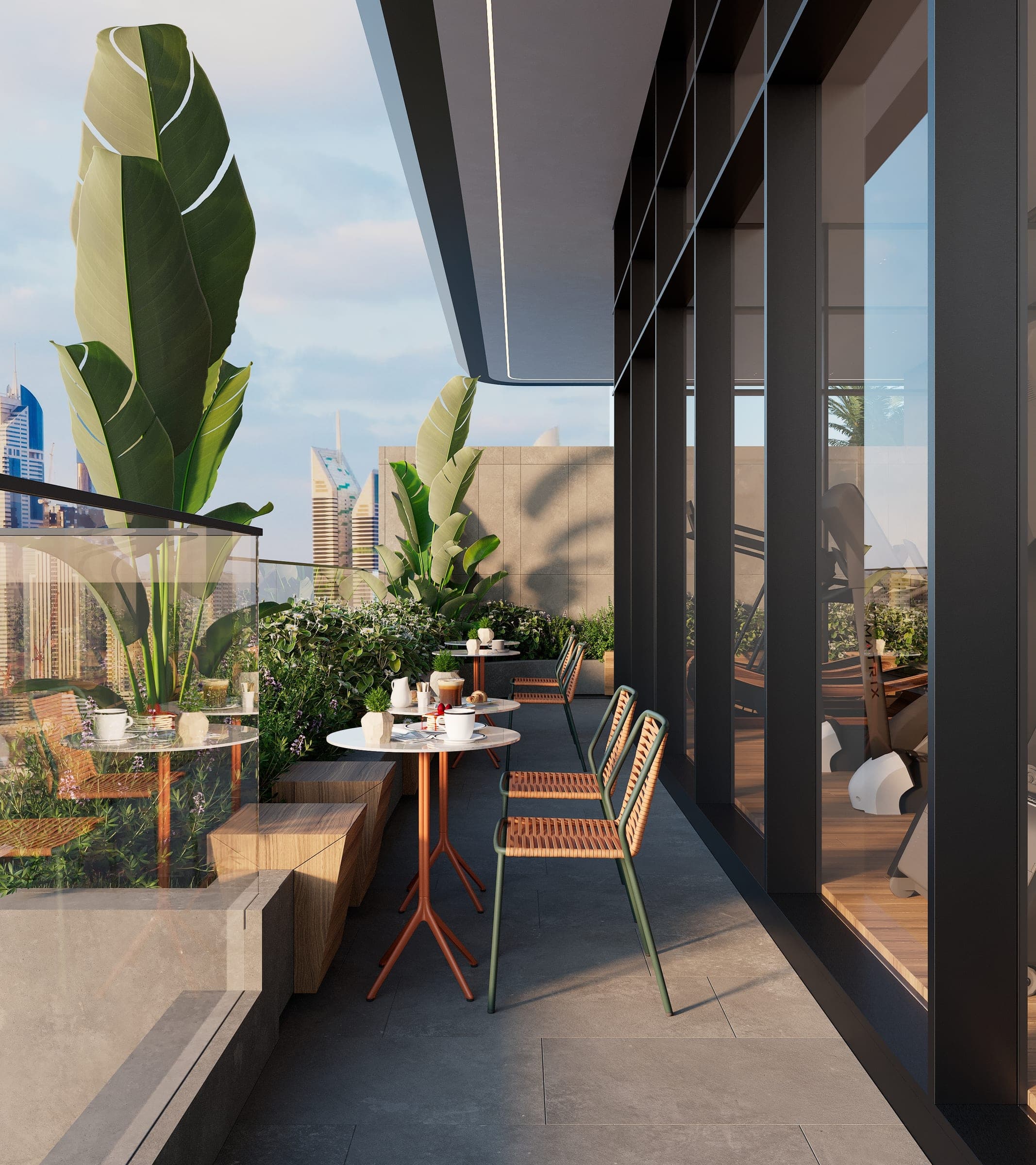 Render of a shaded outdoor seating area in the Izel courtyard