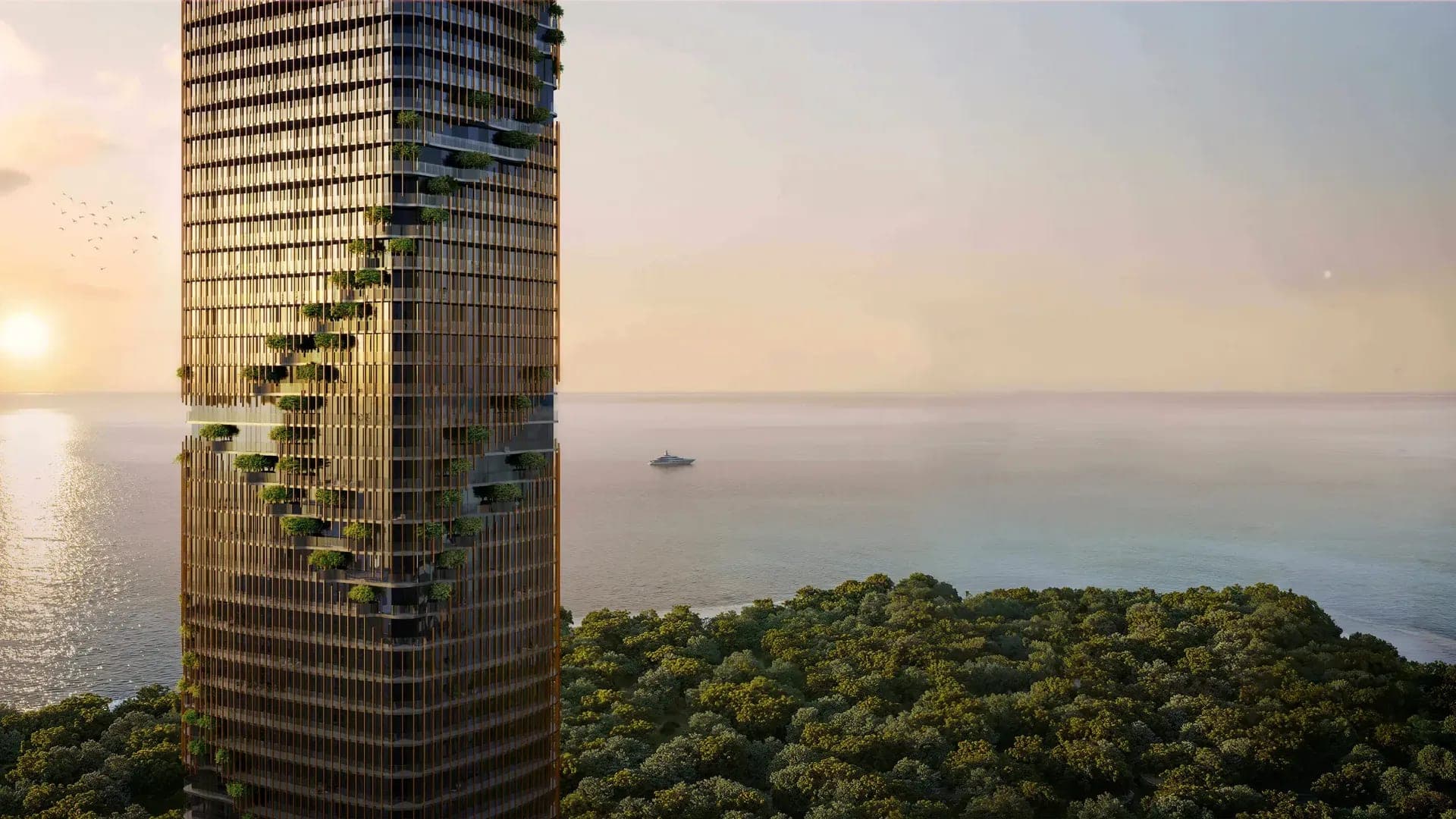 Render of Kanyon by Beyond at Dubai Maritime City, the planted tower standing above dense tree canopy with the sea beyond at sunset