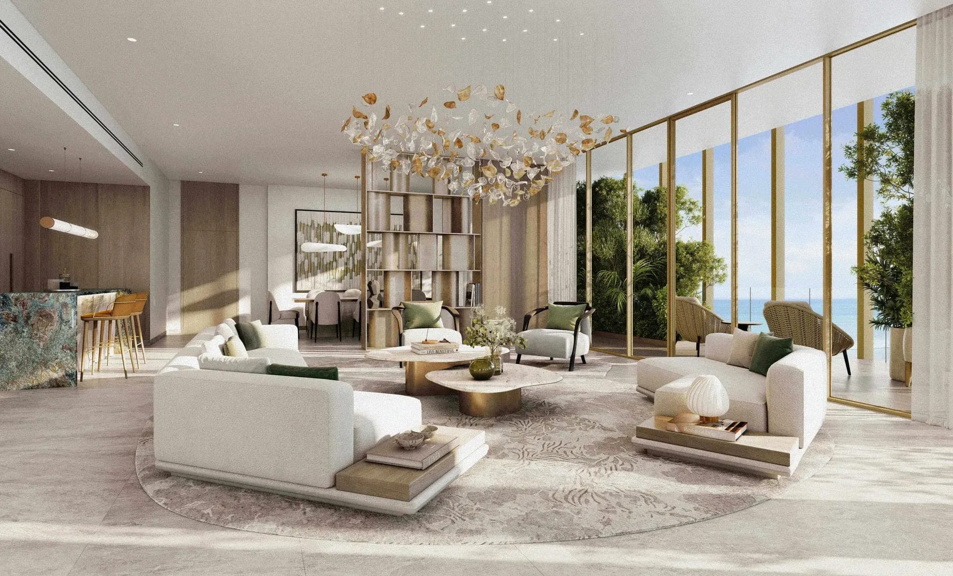 Render of a furnished living and dining space in a Kanyon by Beyond residence, with pale seating, a chandelier and full-height glazing