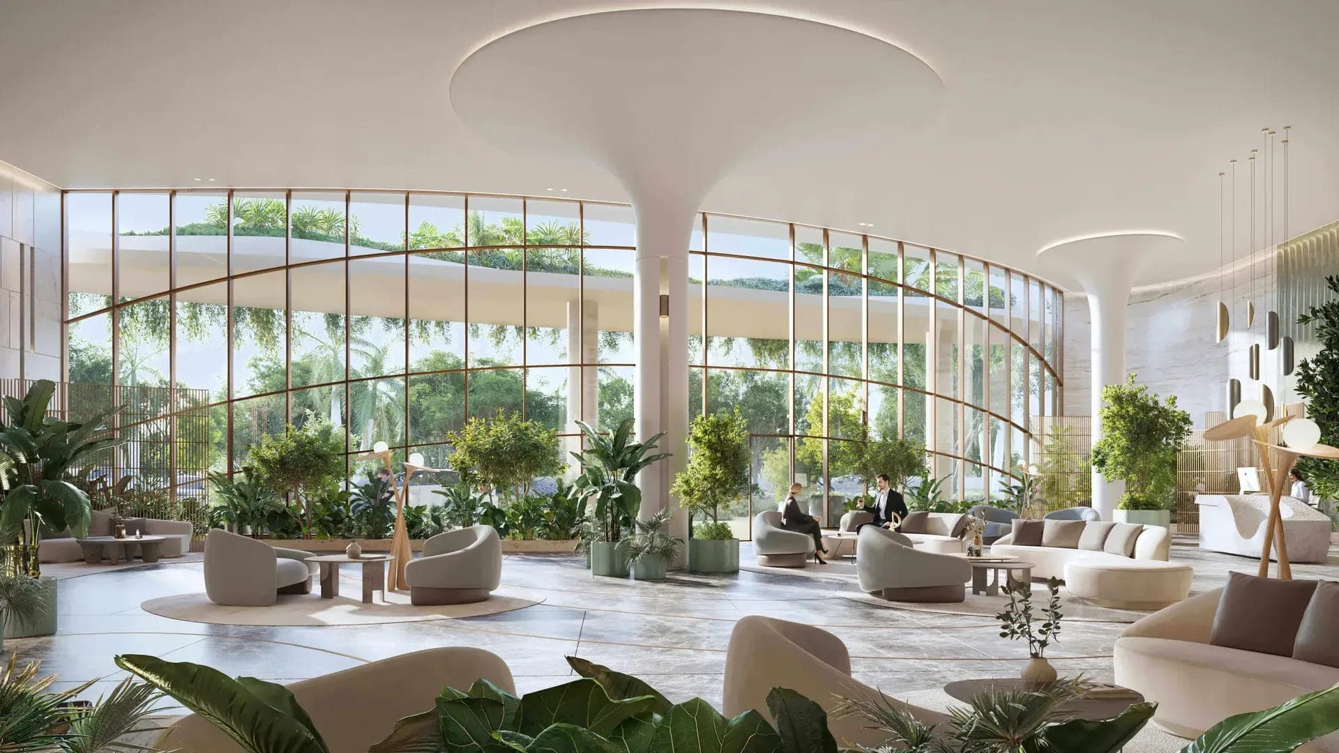 Render of the lobby at Kanyon by Beyond, a curved double-height space with sculptural columns, planting and glazing onto the gardens