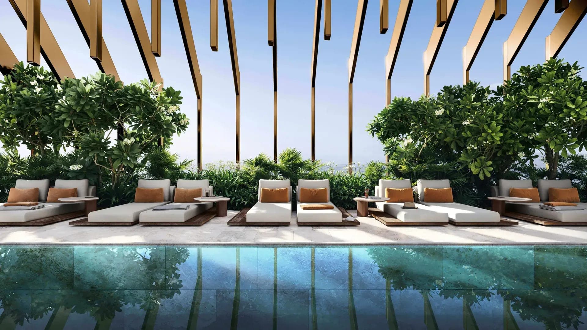 Render of the pool at Kanyon by Beyond, day beds set along the water beneath angled timber fins and surrounding planting