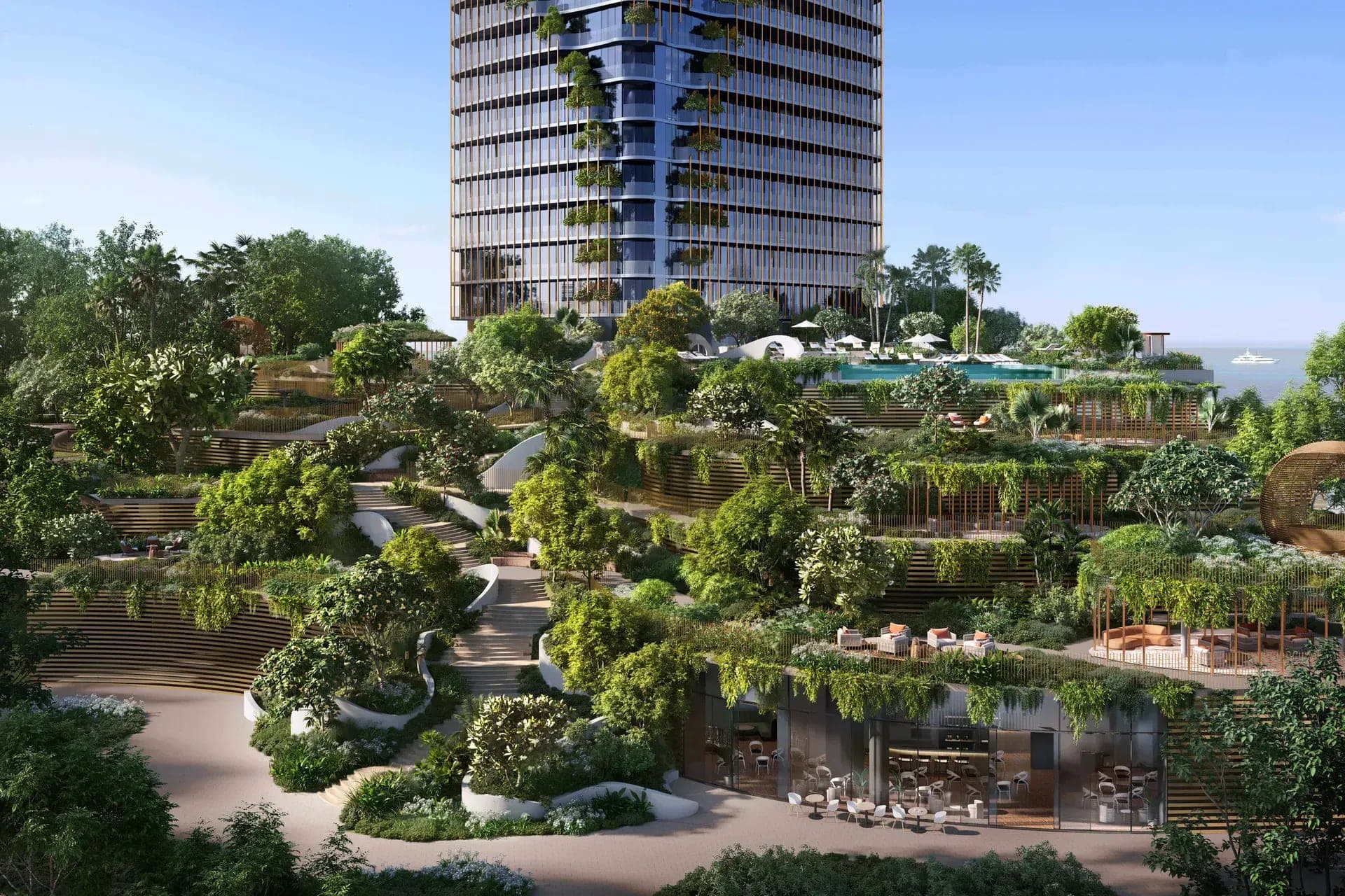 Render of the cascading planted terraces at the base of Kanyon by Beyond, stepping down from the tower into landscaped gardens