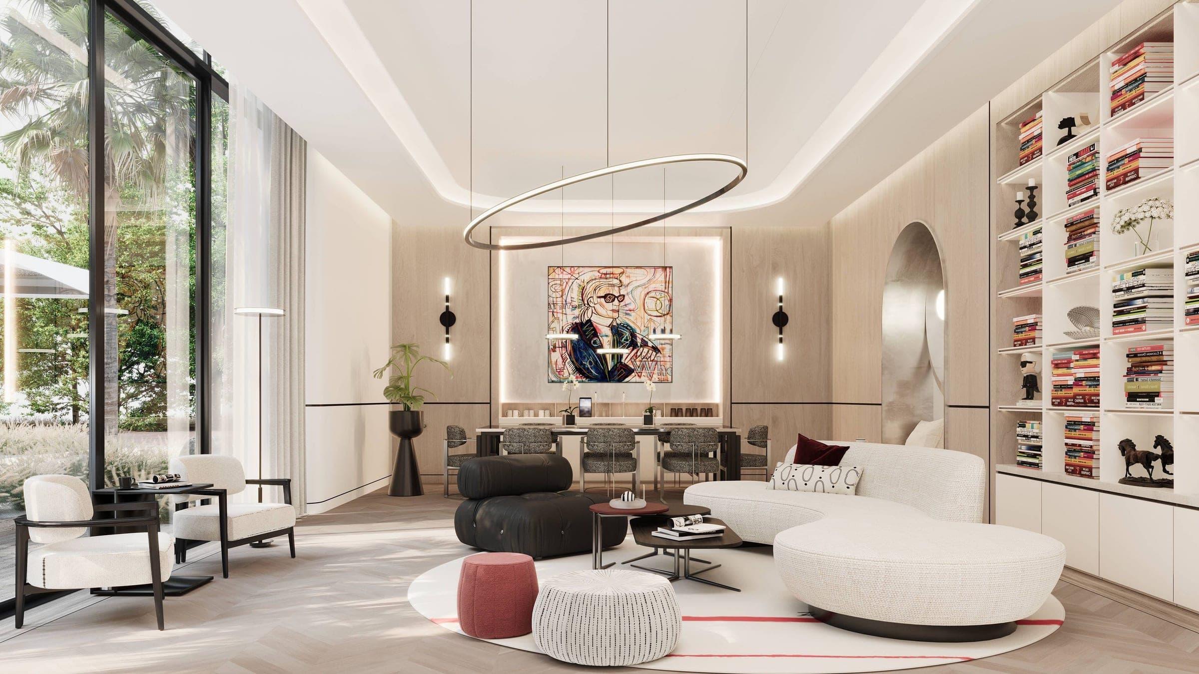 Render of the clubhouse lounge at Karl Lagerfeld Villas, with library shelving and seating around a central table