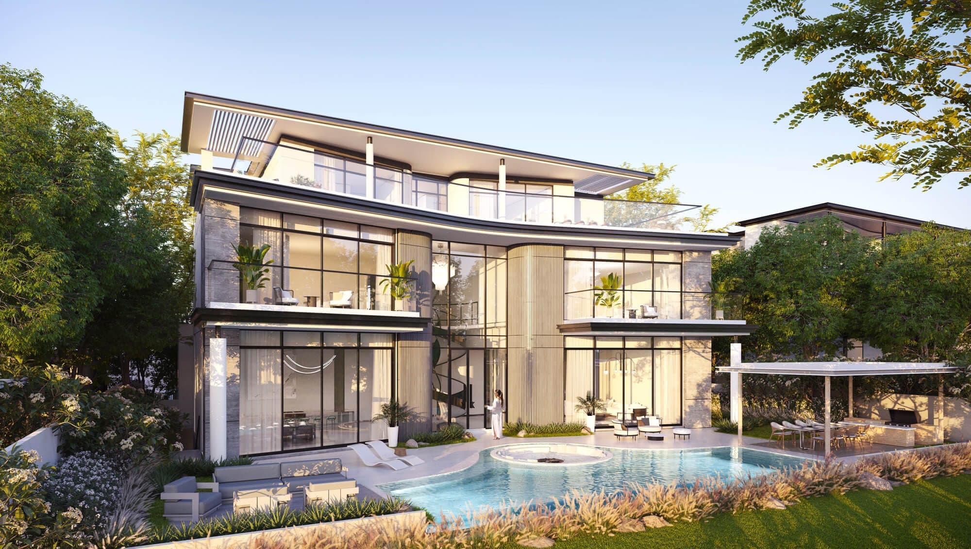 Render of a villa at Karl Lagerfeld Villas, its glazed elevations facing a private pool and garden