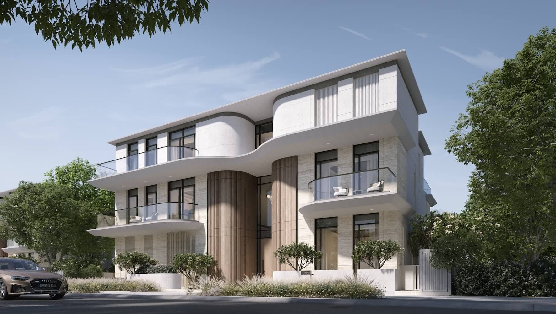Render of the street frontage of a villa at Karl Lagerfeld Villas, showing the curved white façade and entrance