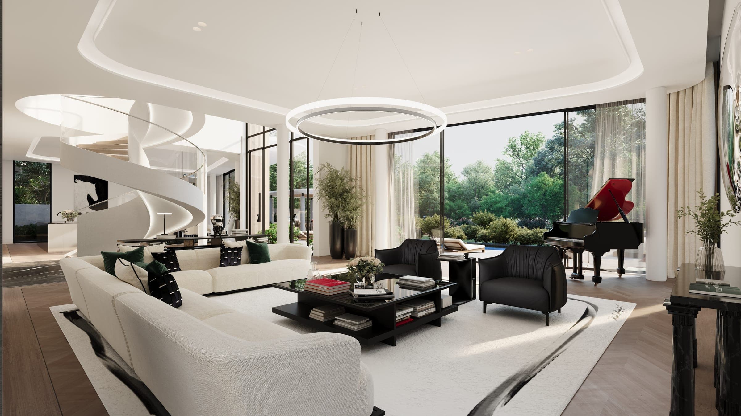 Render of a furnished double-height living room in a villa at Karl Lagerfeld Villas, with a sculptural staircase and a grand piano