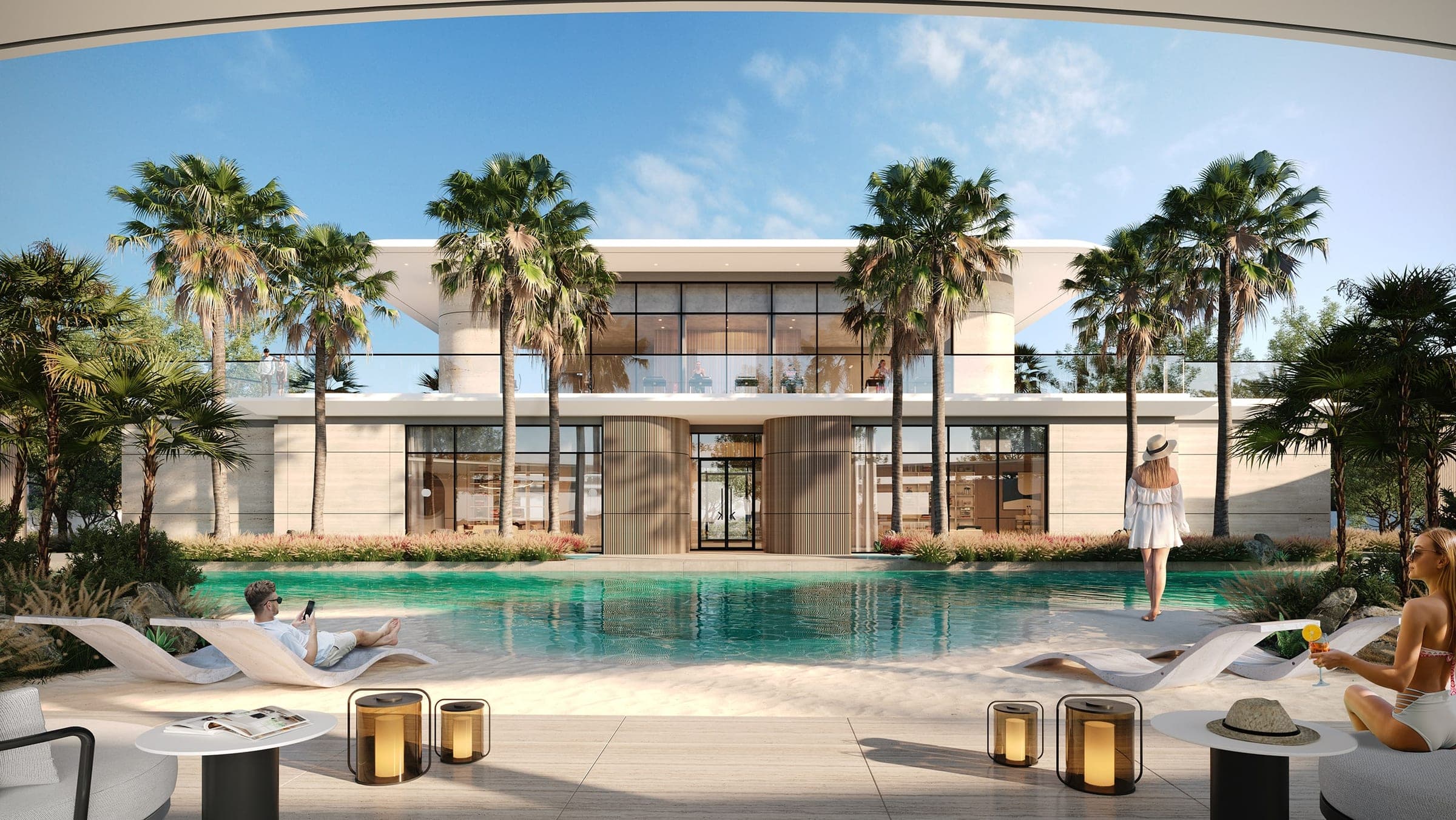 Render of a villa at Karl Lagerfeld Villas seen across its swimming pool, palms along the far edge