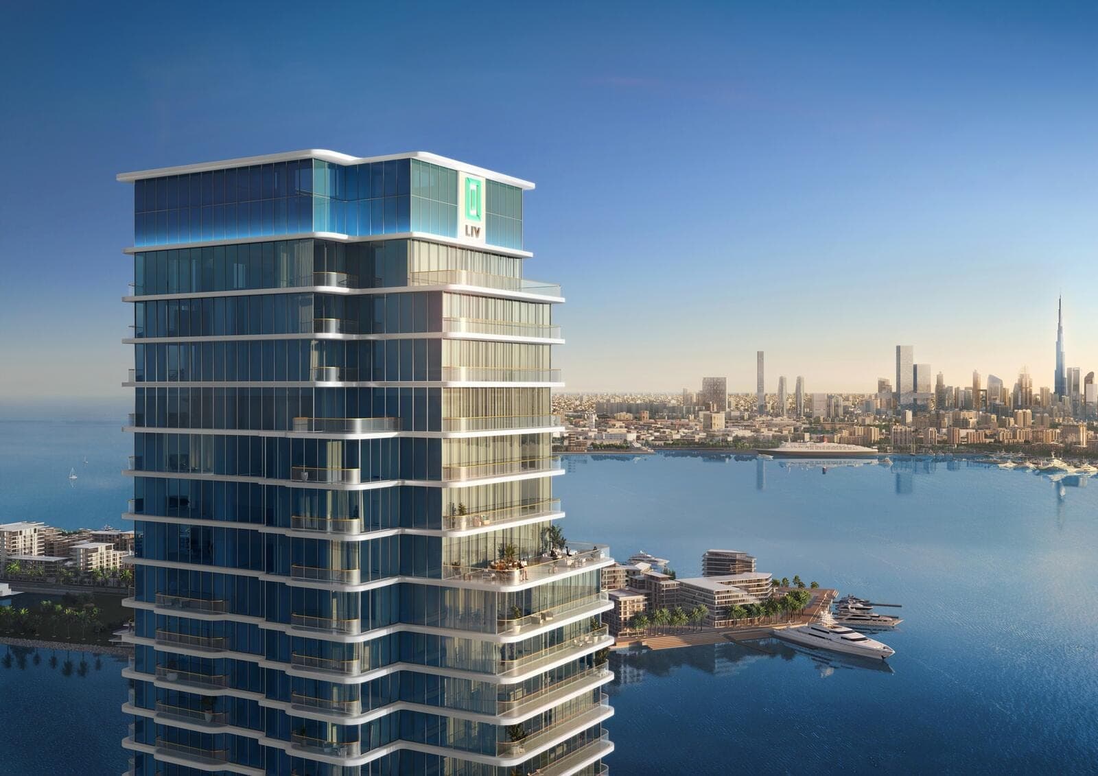 Render of LIV Maritime by LIV Developers on the waterfront at Dubai Maritime City