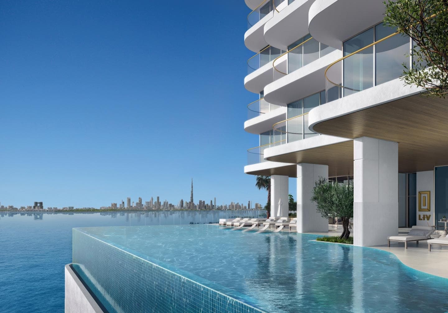 Render of the infinity pool at LIV Maritime, looking towards the Dubai skyline